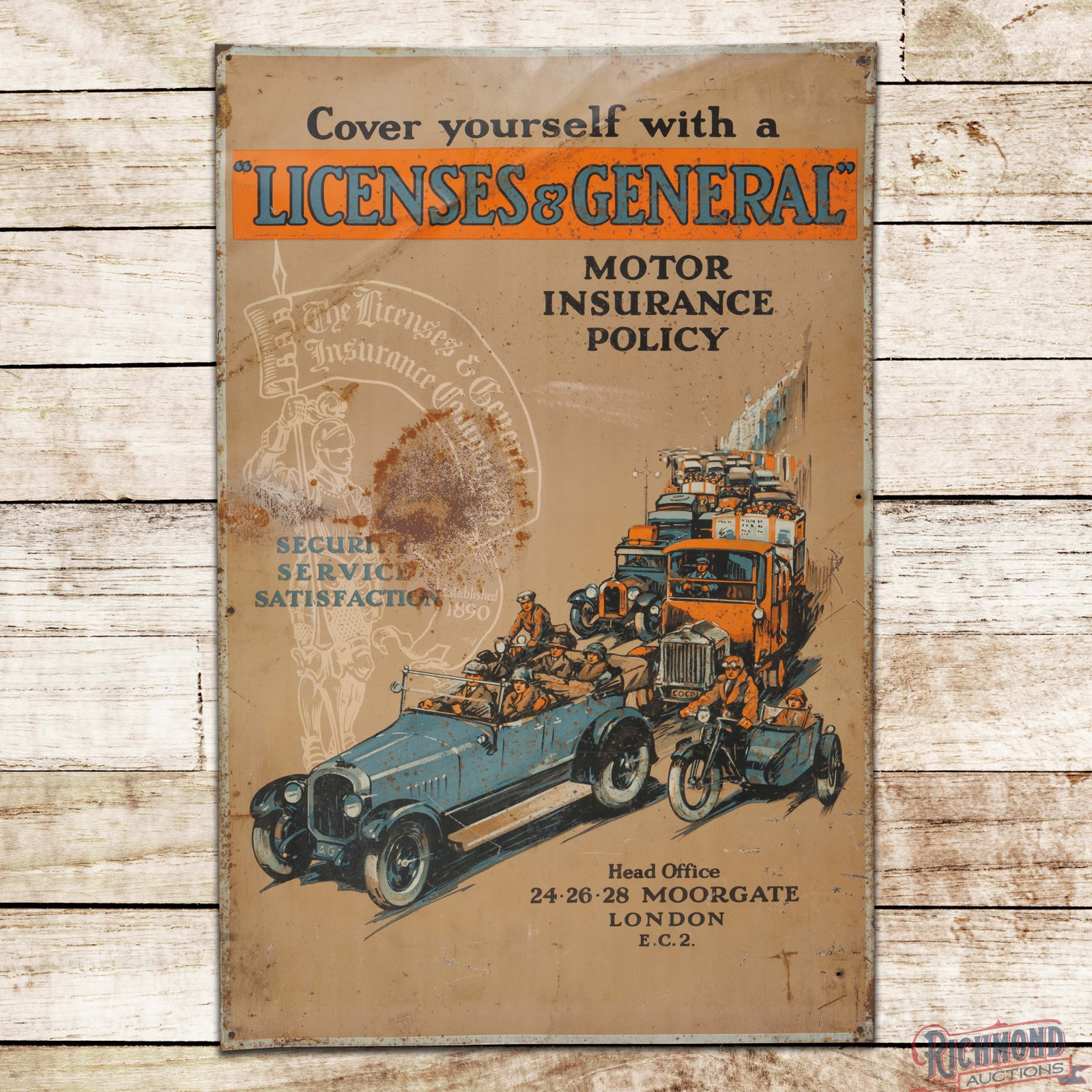 Motor Insurance Policy Security Service Satisfaction Single Sided Tin Sign w/ Early Automobiles: SST (single sided tin) crimped edge sign has good color and shine. The sign has fantastic graphics of early cars, trucks and a motorcycle with side car. The field has areas of paint loss, paint chips 
