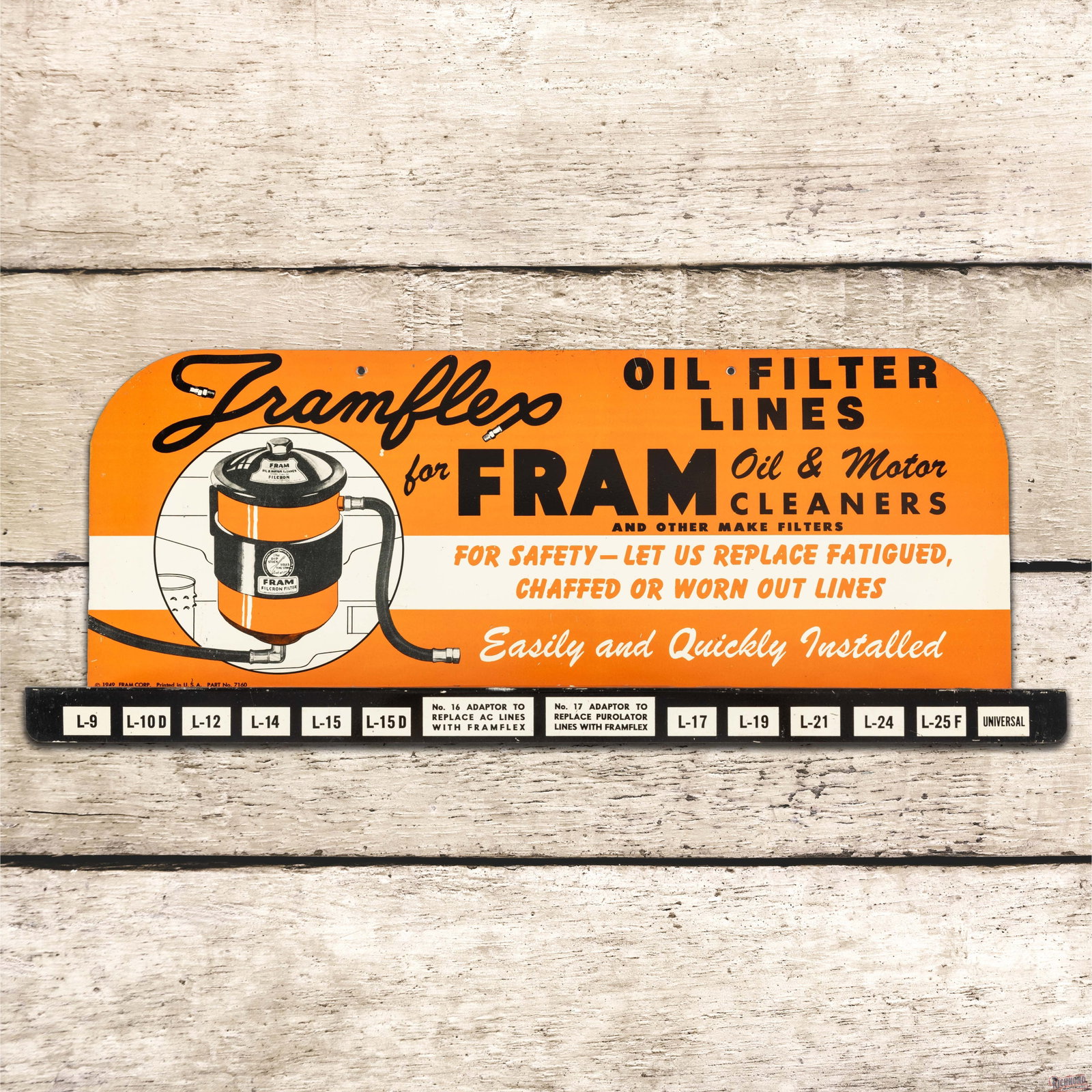Fram Framflex Oil Filter Lines Single Sided Tin Display Rack Sign: SST (single sided tin) rack sign has outstanding color and shine. The fields are very clean overall with minor surface imperfections. The perimeter has a few small fine scratches with small paint chip