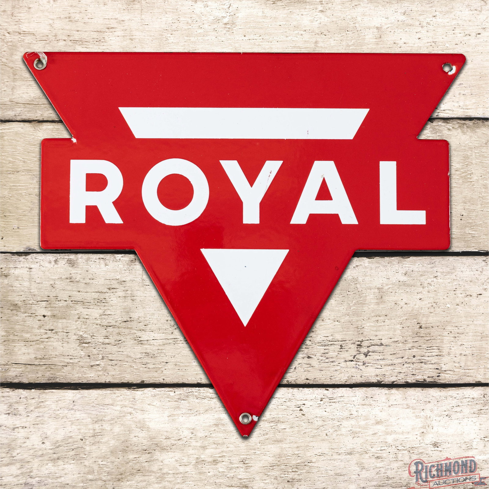 Conoco Royal Gasoline Single Sided Porcelain Pump Plate Sign: SSP (single sided porcelain) die cut pump plate has excellent color and gloss. The field has small scratches. The perimeter has a tiny chip at the upper right mount hole, with a few other tiny edge ch