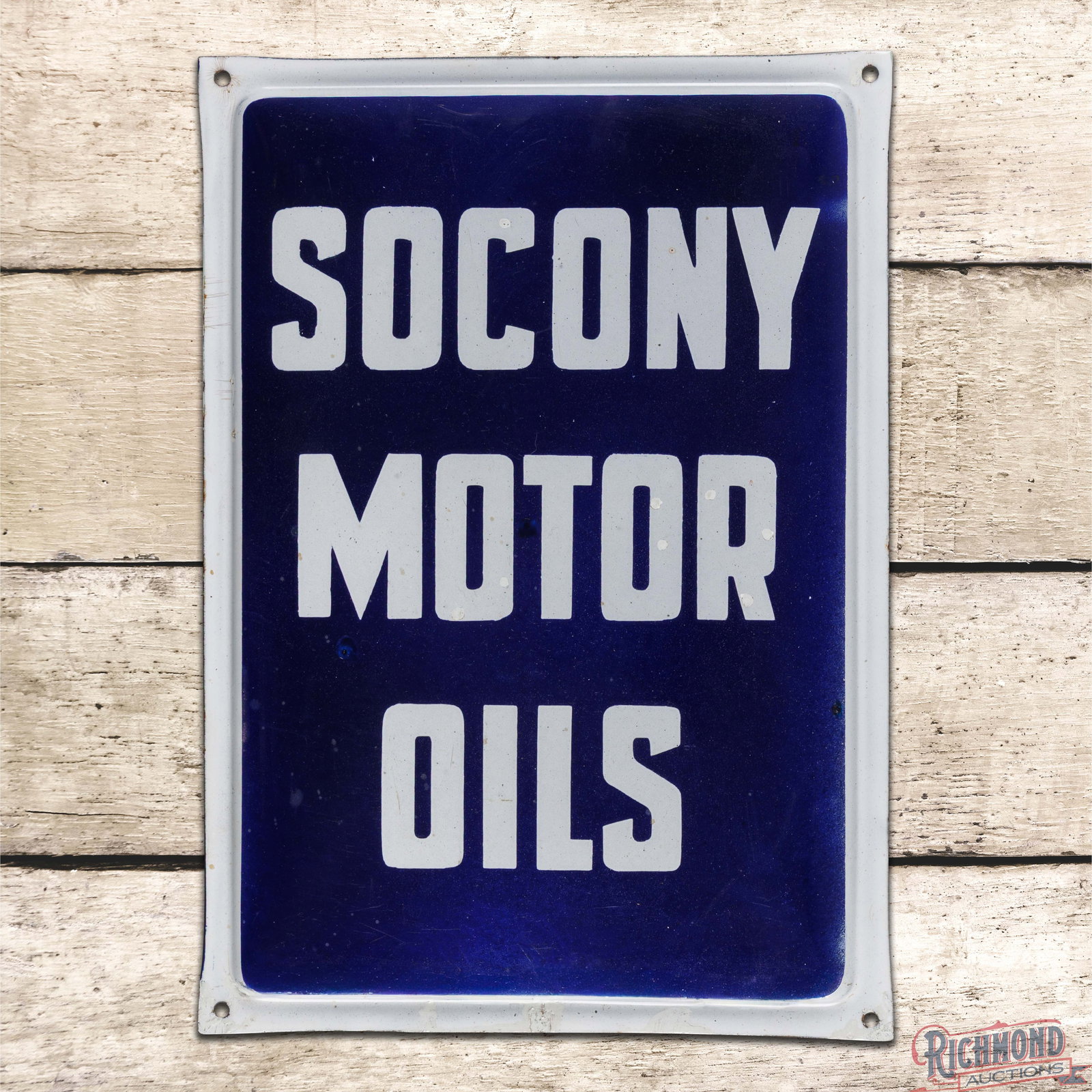 Socony Motor Oils Convex Single Sided Porcelain Sign: SSP (single sided porcelain) convex sign has very good color and gloss. The field has light wear with small color matched chips and an added clear coat to enhance the finish. The perimeter has additio
