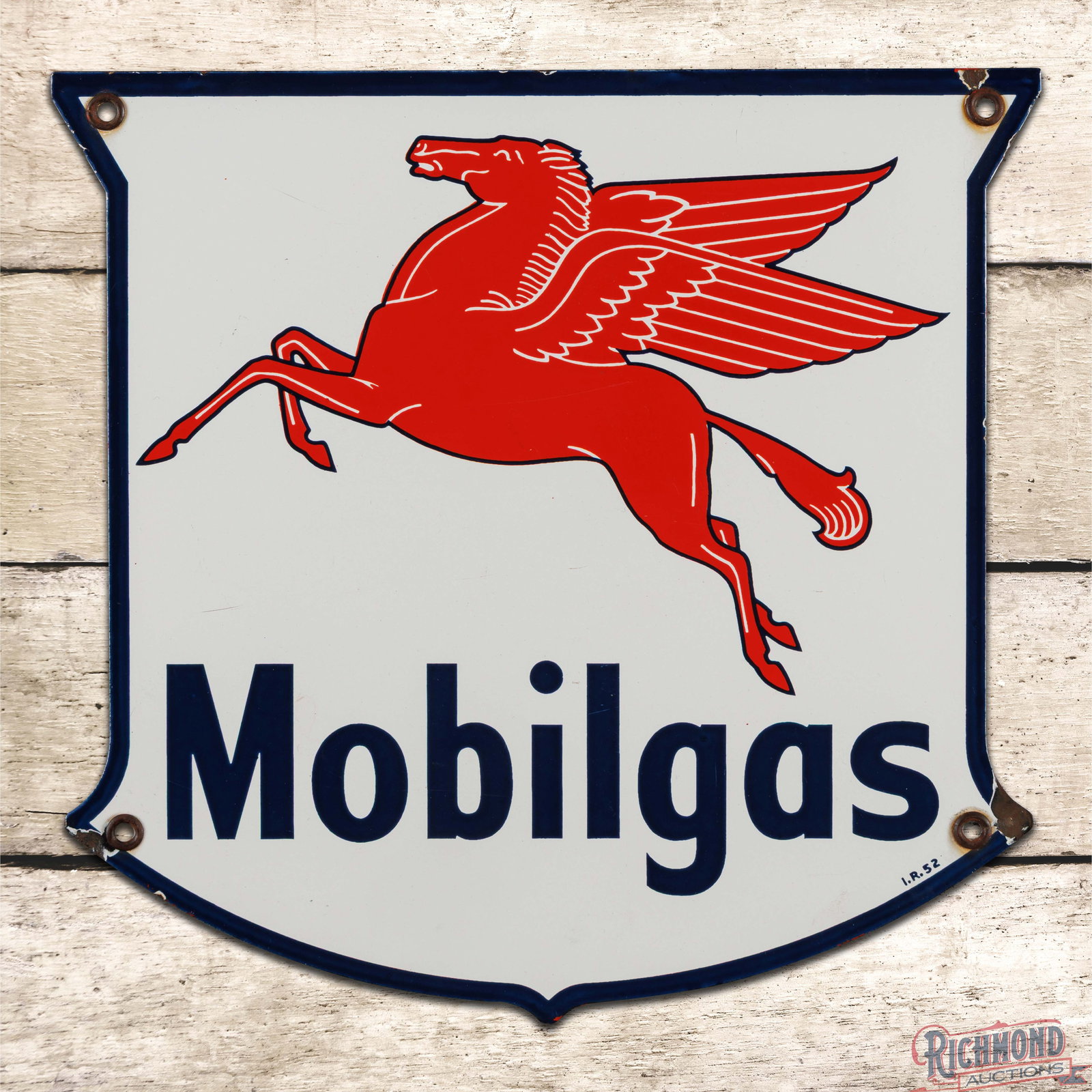 1952 Mobilgas Single Sided Porcelain Pump Plate Sign w/ Pegasus: SSP (single sided porcelain) die cut pump plate has excellent color and gloss. The field is very clean overall with light surface wear and fine scratches in the fields. The perimeter has minor discolo