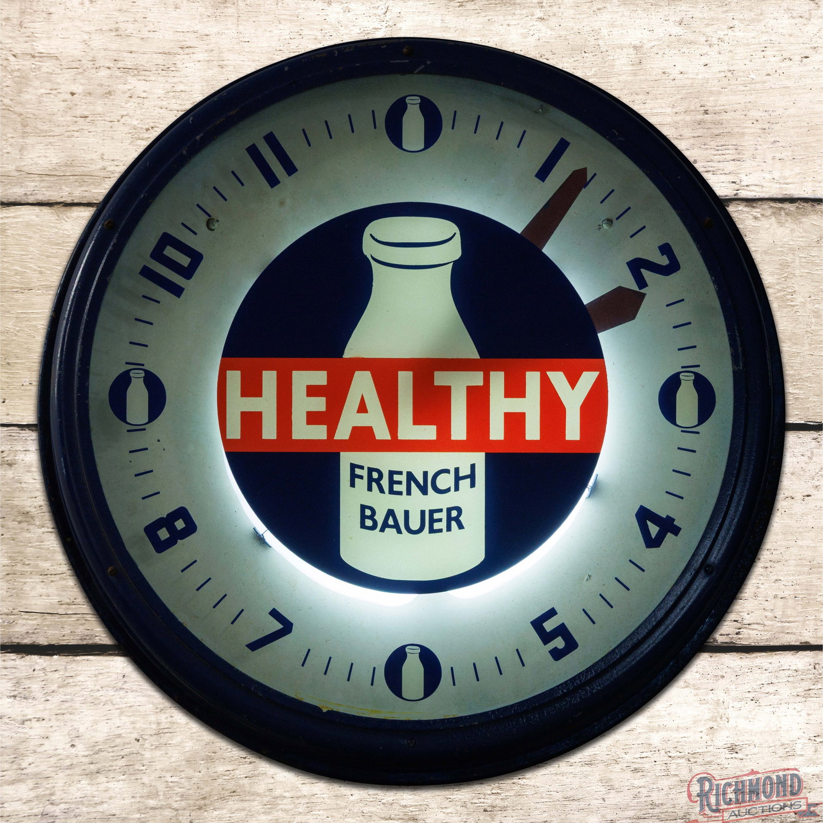 French Bauer "Healthy" 20" Lackner Neon Advertising Clock w/ Bottle: Neon advertising clock has very good color and works property. The inner face has spotting with chipping along the perimeter and minor overspray along the edges. The outer advertising glass has been r