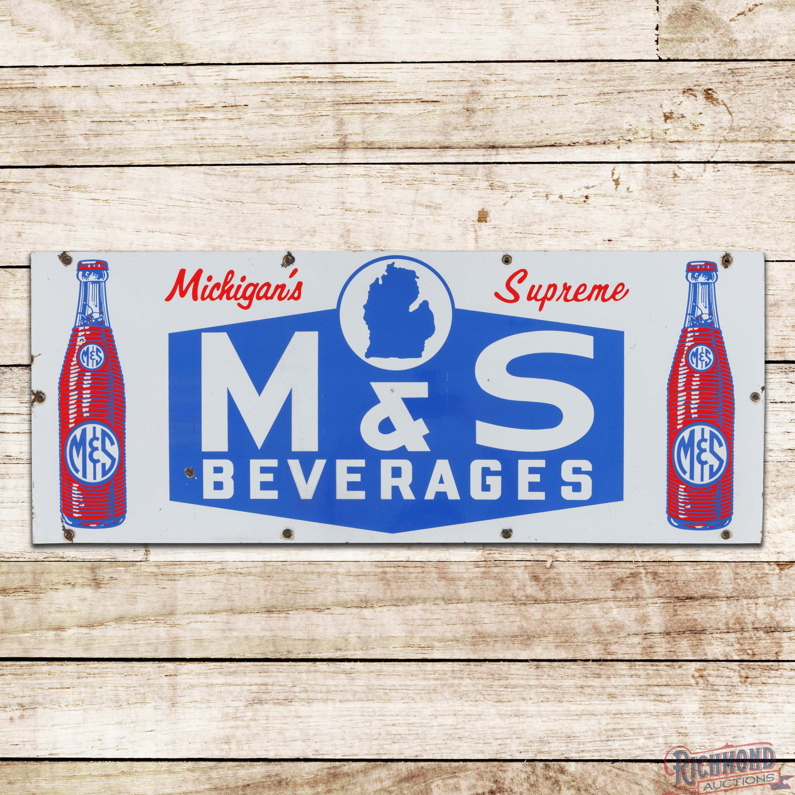 M&S Beverages "Michigan's Supreme" Single Sided Porcelain Sign w/ Bottles (1 of 3)