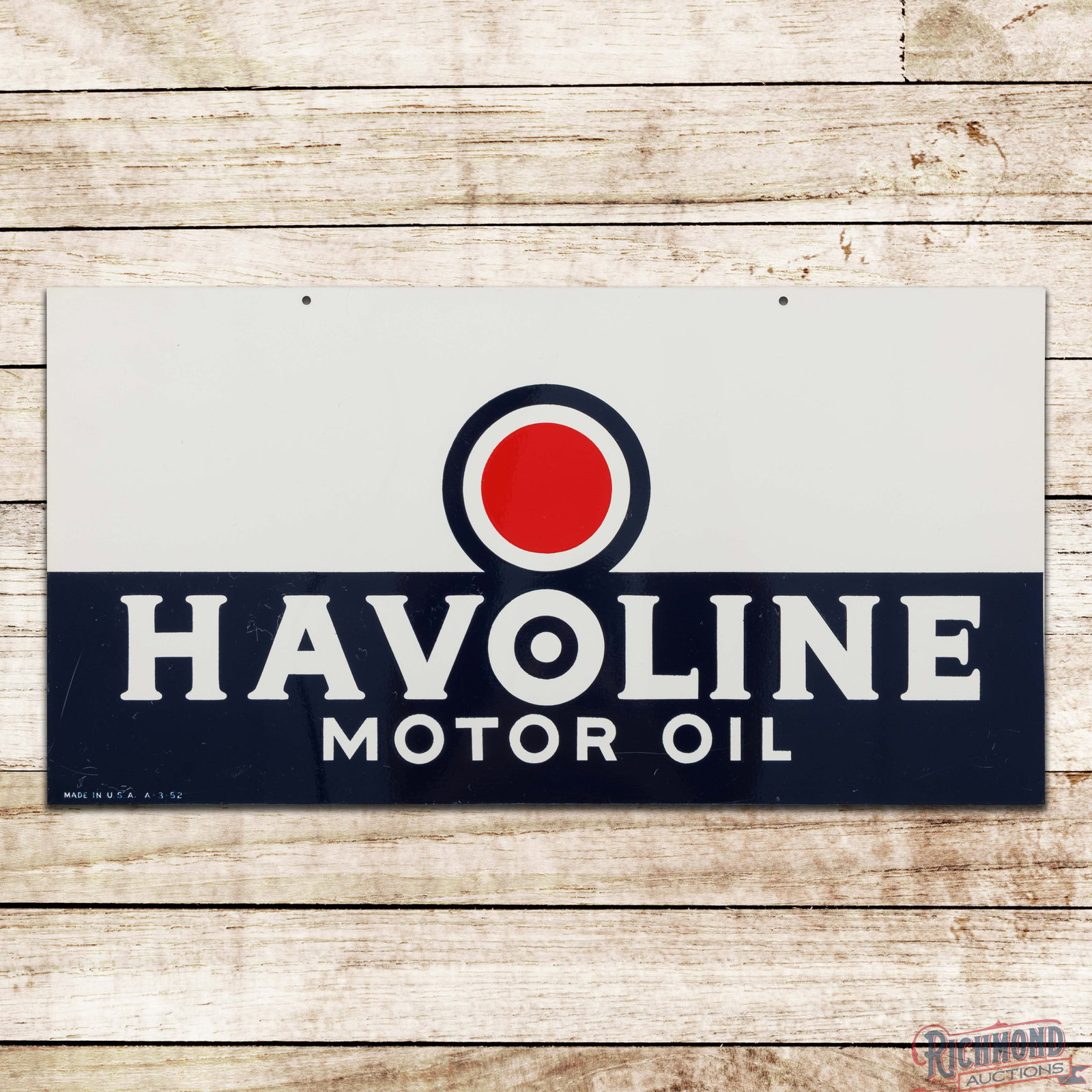 1952 Havoline Motor Oil Double Sided Tin Sign w/ Bullseye: DST (double sided tin) sign has excellent color and shine. The display has light wear to the blue painted surfaces it the lower fields. The reverse has additional surface wear present. Marked Made in 
