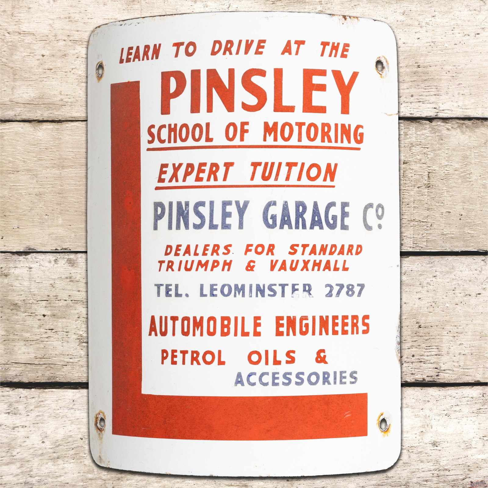 Pinsley School of Motoring Garage Triumph & Vauxhall Oils Curved Single Sided Porcelain Sign (1 of 2)
