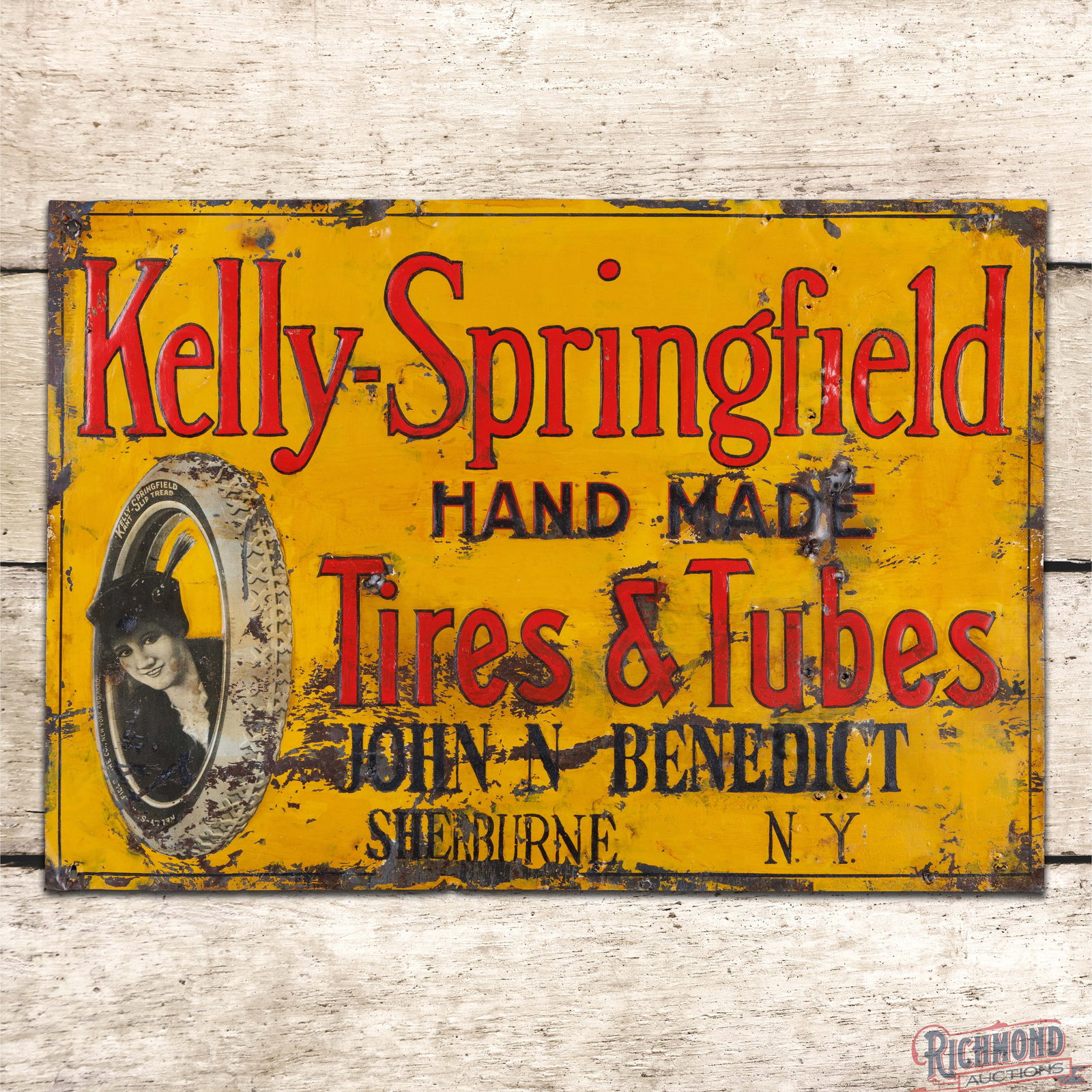 Kelly Springfield Hand Made Tires & Tubes Emb. Single Sided Tin Sign w/ Lotta Miles (1 of 3)