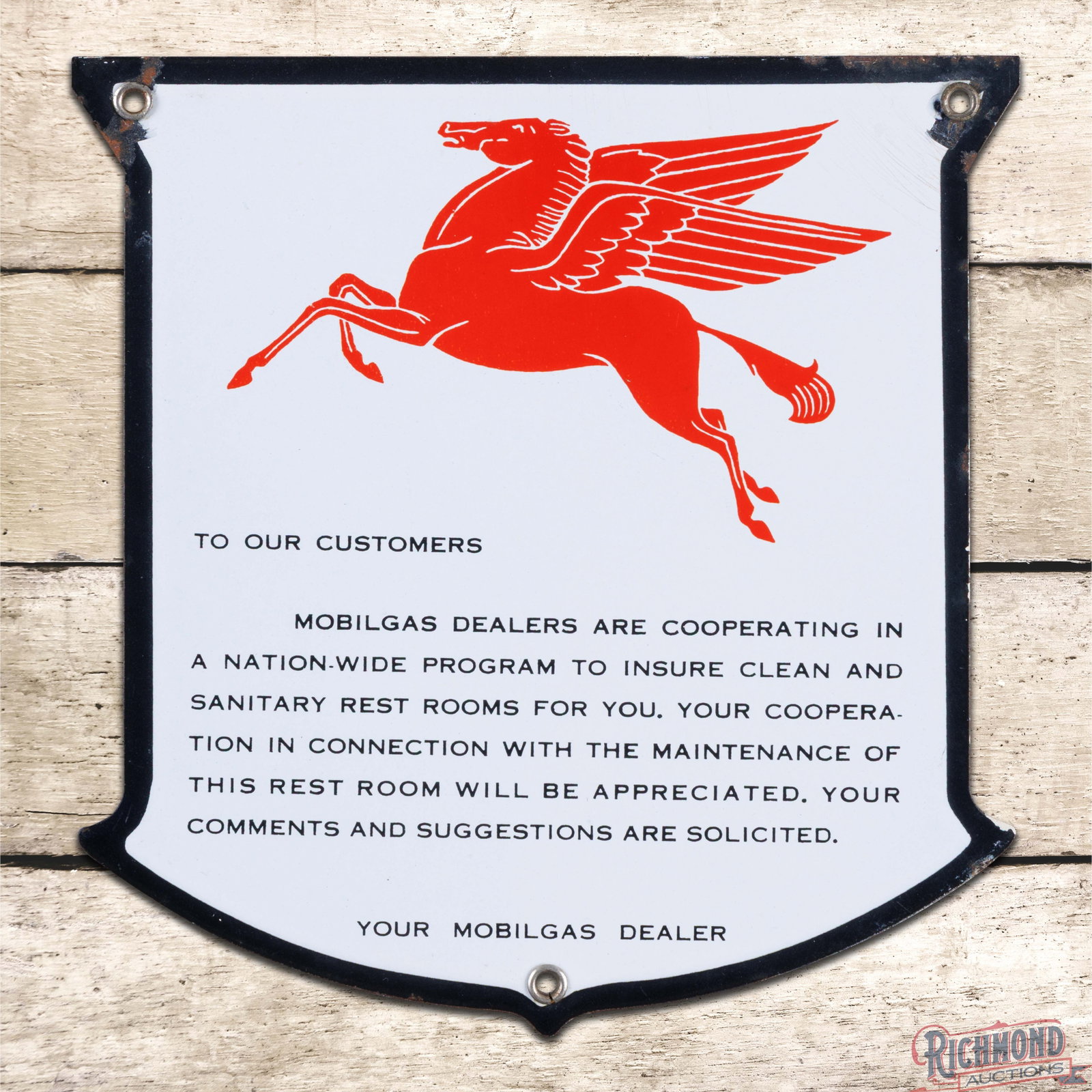 Mobilgas Rest Room Pledge Single Sided Porcelain Service Station Sign w/ Pegasus "Black Border": SSP (single sided porcelain) die cut sign has excellent color and gloss. The field is clean. The perimeter has crazing along the upper right corner with chips and minor bends at the upper mounting hol