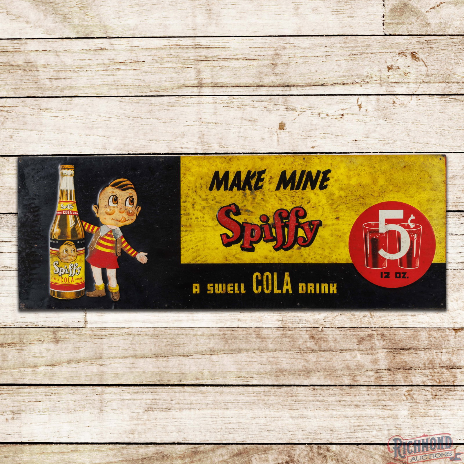 Make Mine Spiffy "A Swell Cola Drink" 5 Cents Emb. Single Sided Tin Sign w/ Boy & Bottle (1 of 3)