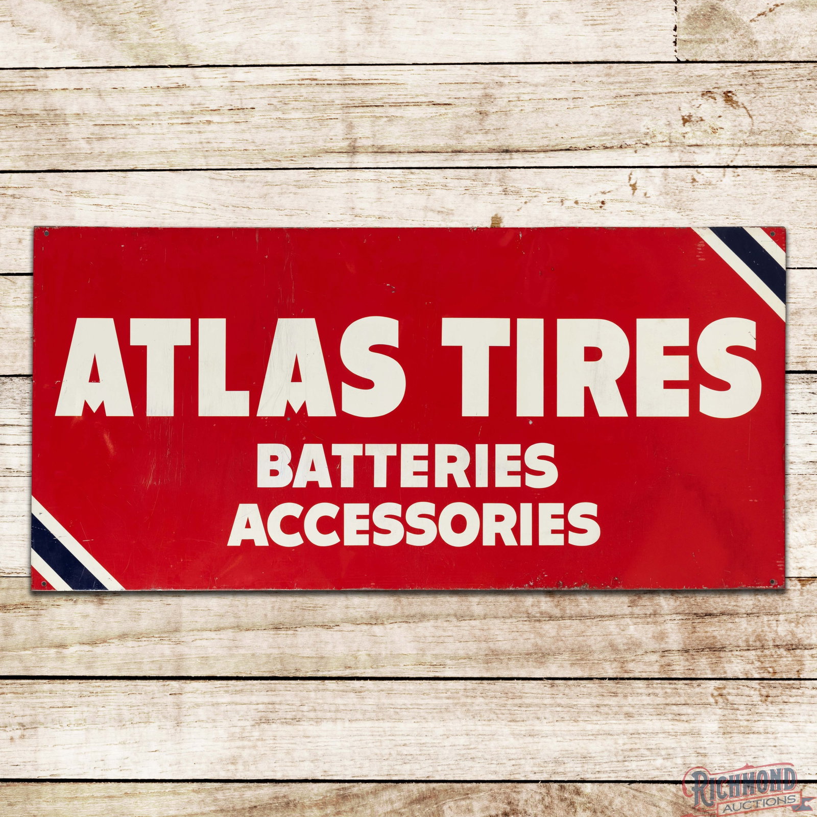 Atlas Tires Batteries Accessories 6' Single Sided Tin Sign: SST (single sided tin) sign with the factory wooden support frame has good color and shine. The display has surface wear with vertical scratches and paint chips. The outer fields and perimeter have be