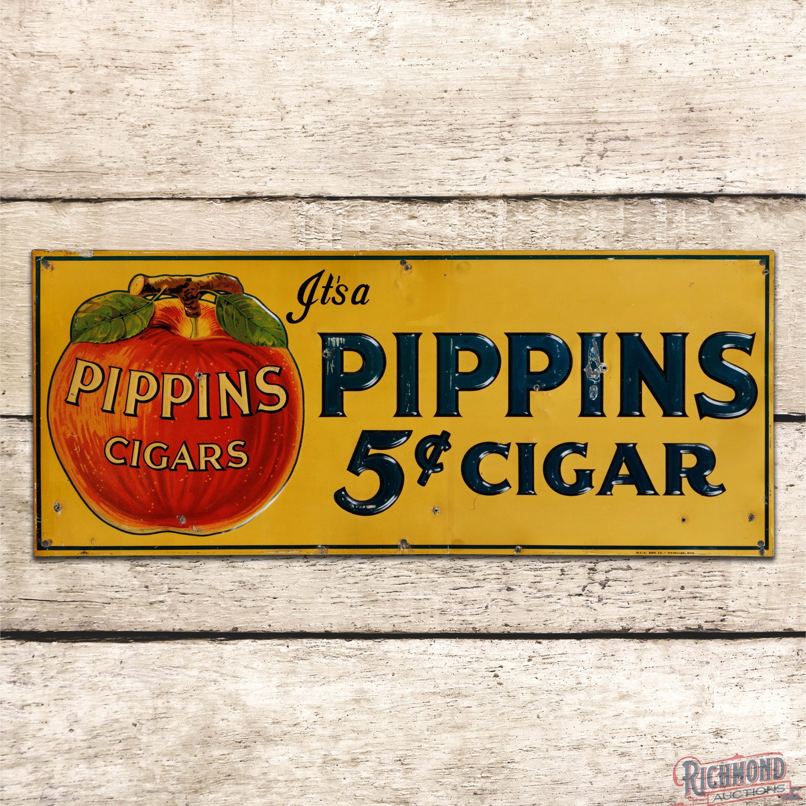 Scarce Pippin's 5 Cent Cigars Emb. Single Sided Tin Sign w/ Apple (1 of 3)
