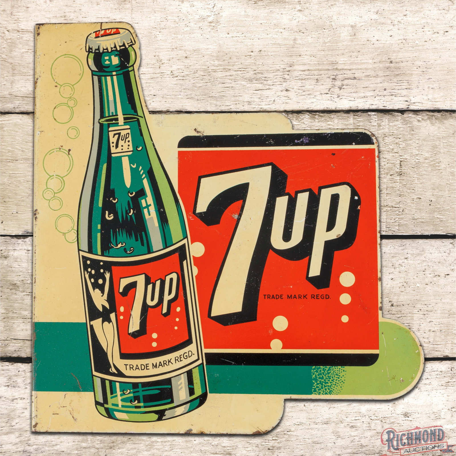 7up Lemon Lime Double Sided Tin Die Cut Flange Sign w/ Swimmer Girl Bottle (1 of 4)