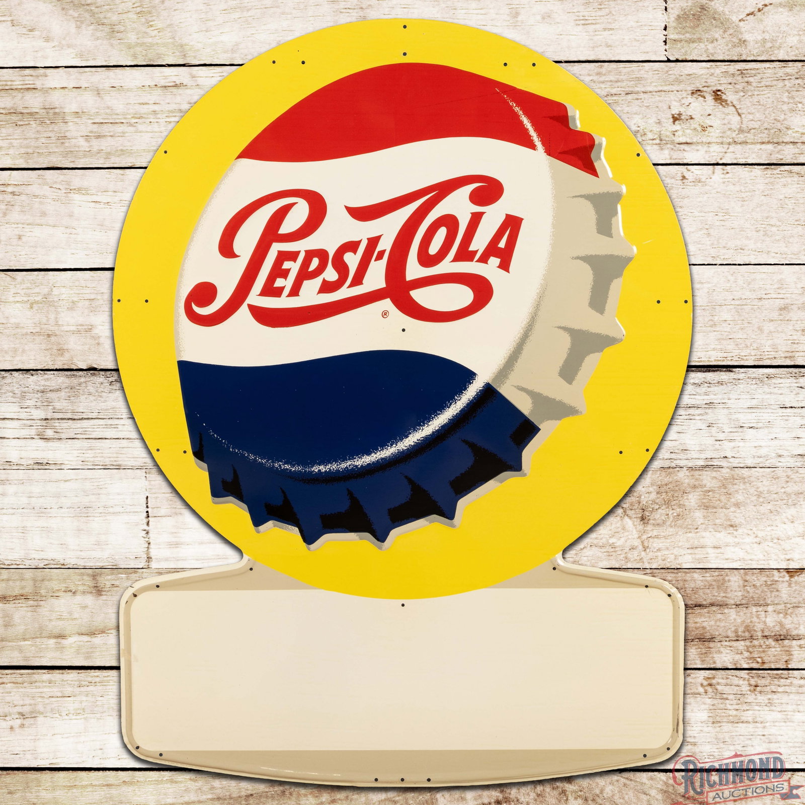 Pepsi Cola 4.5' Emb. Single Sided Tin Sign w/ Bottle Cap: SST (single sided tin) embossed sign with self-framed lower edge has excellent color and shine. The field is exceptionally clean with minor surface imperfections and a faint bend in the upper field in