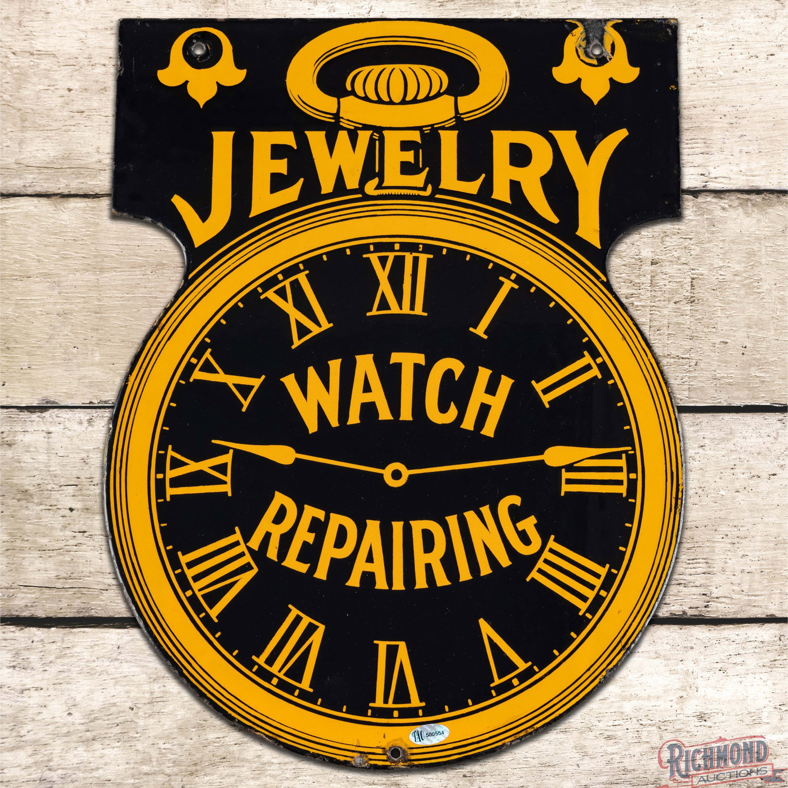Jewelry Watch Repairing Die Cut Double Sided Porcelain Sign: DSP (double sided porcelain) sign has excellent color and gloss. The display is exceptionally clean with light surface wear in the fields. The perimeter has chips at the upper right mounting hole, an 