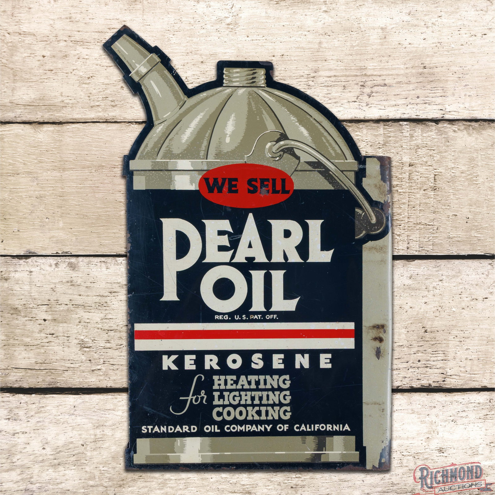 We Sell Pearl Oil Kerosene Standard Oil of California Double Sided Tin Die Cut Flange Sign: DST (double sided tin) die cut flange has good color and shine. Side #1 has surface wear with paint chips in the upper field and faint bends along the right hand side. The perimeter has minor oxidatio