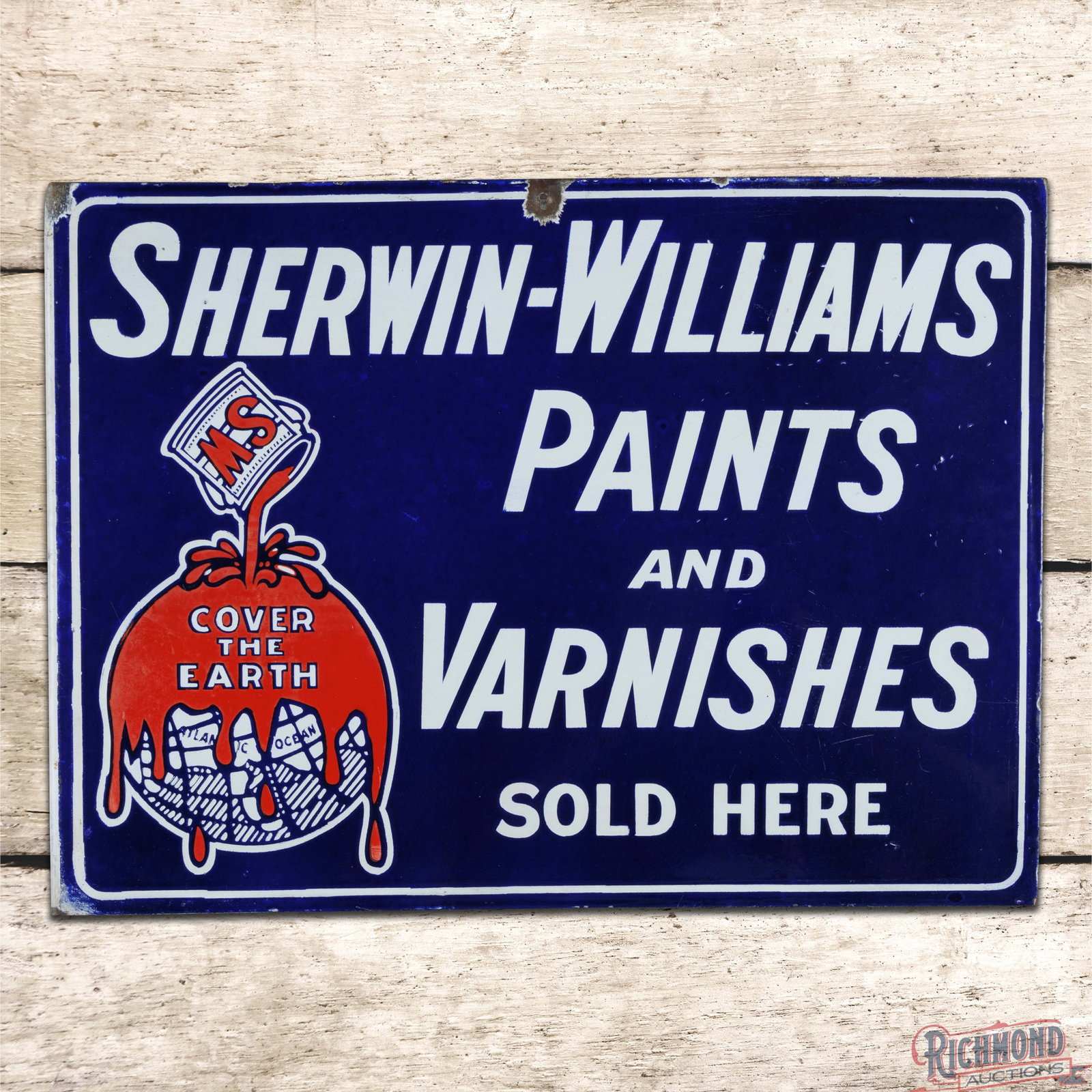Sherwin Williams Paints and Varnishes Sold Here Porcelain Flange Sign w/ "Cover the Earth" Logo: DSP (double sided porcelain) flange has very good color and gloss. Side #1 has light wear with tiny chips in the right fields and cloudiness to the red porcelain enamel in the logo. The perimeter has 