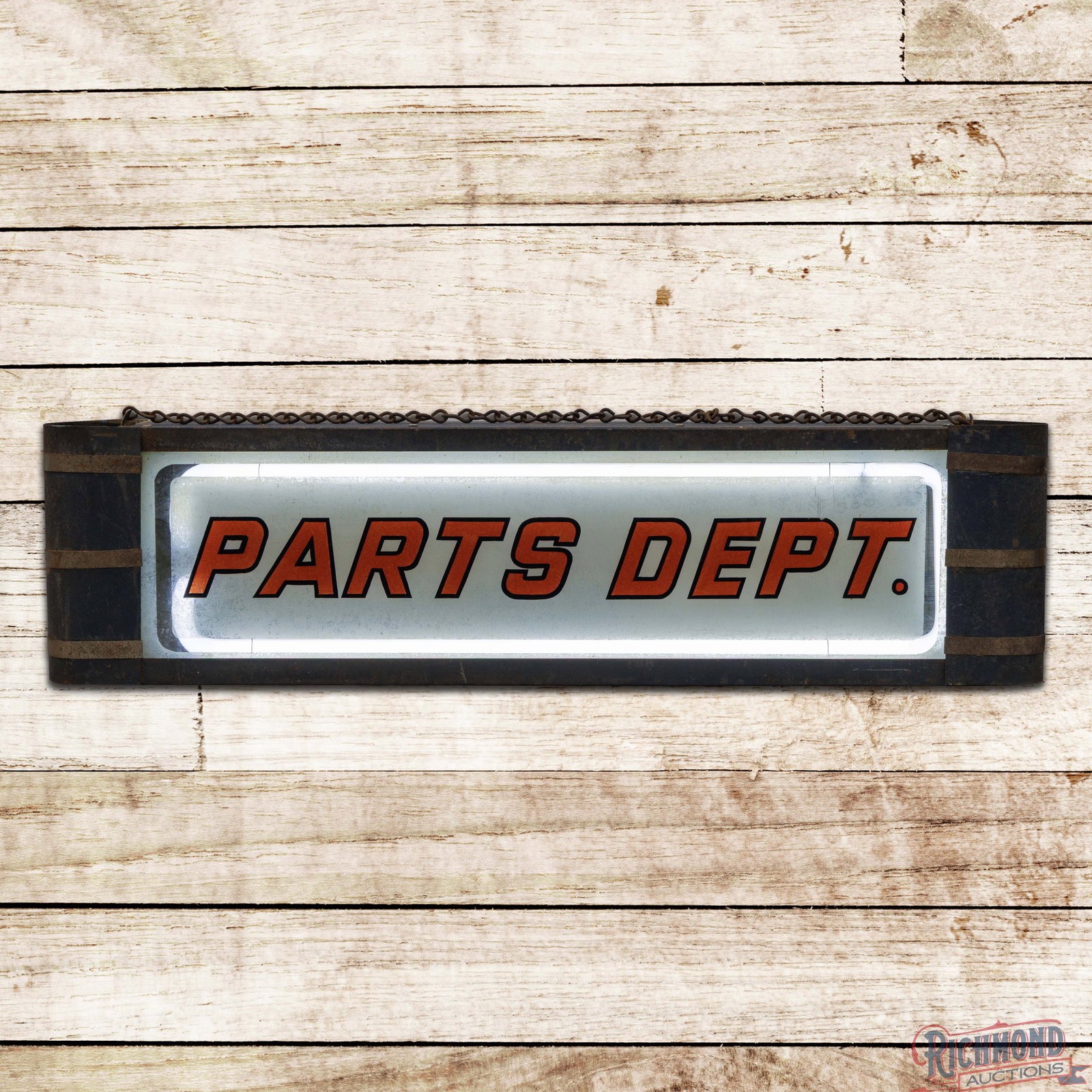 Parts Department Reverse on Glass 27" Neon Advertising Sign: Single sided reverse on glass sign with internal neon and a metal can works properly. The outer glass has slight cloudiness to the lettering with wash and areas of loss in the outer fields and perimet