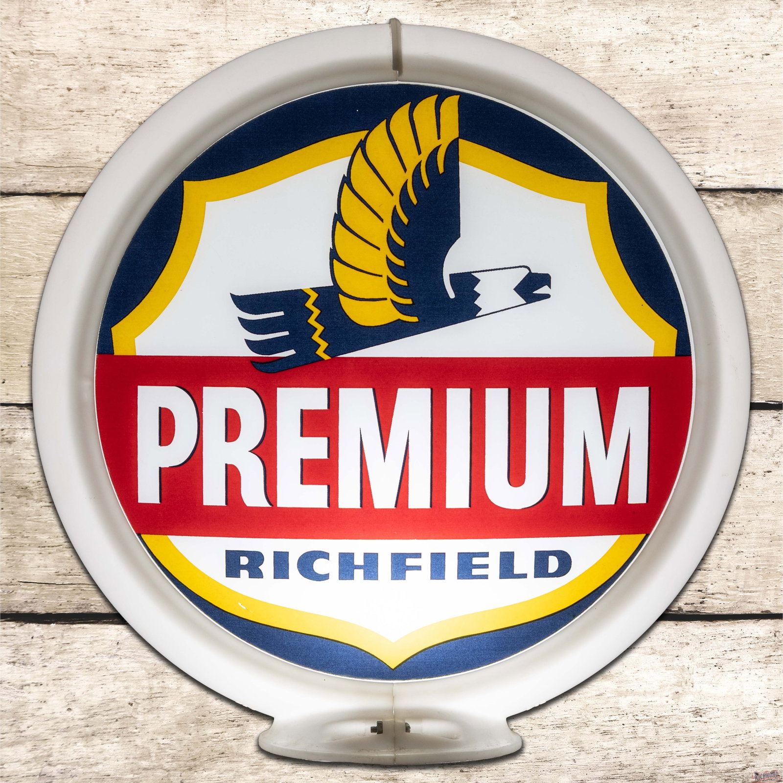 Richfield Premium Gasoline 13.5" Complete Capco Gas Pump Globe: Two 13.5" lenses mounted in an original white Capco body. Lens #1 has a clean field with a small chip at the right hand notch. The reverse is in a similar condition to the display with a chip at the l