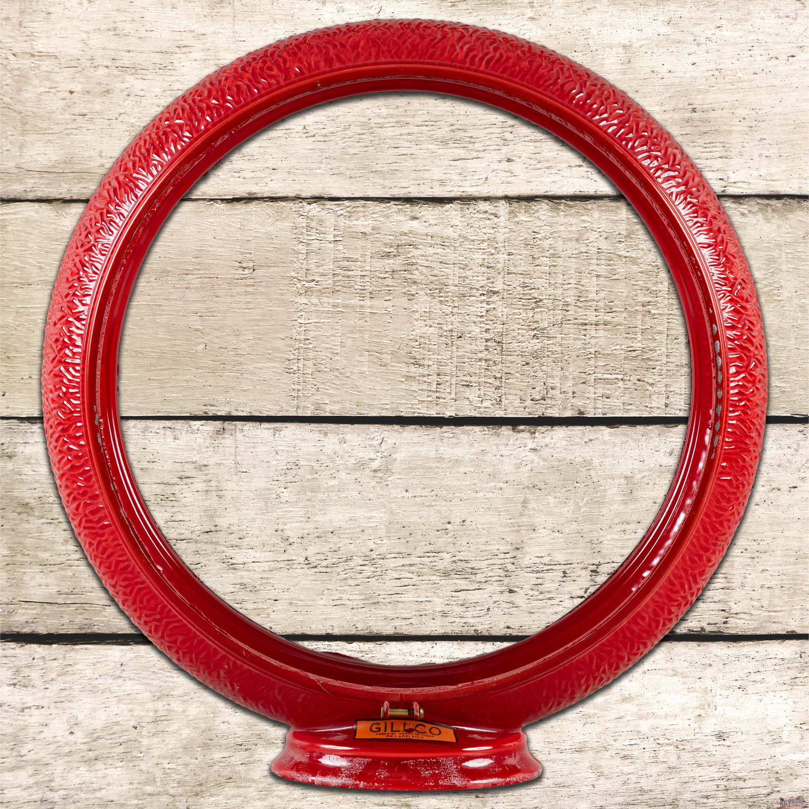 NOS Gilco Red Ripple 13.5" Gas Pump Globe Body: Amazing NOS (new old stock) Gilco red ripple body has amazing color. The globe is exceptionally clean with both retaining rings and the factory Gilco decal on the lower edge. The base has some errant 