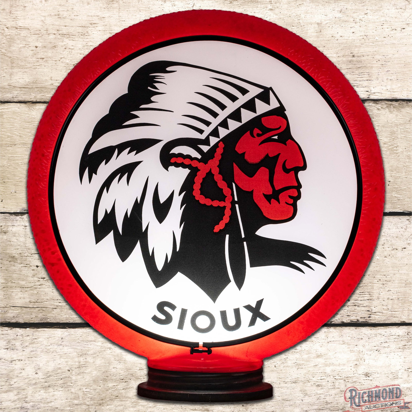 Sioux Gasoline 13.5" Single Lens w/ Orig. Red Ripple Gas Pump Globe Body w/ Native American Chief: Rare Single 13.5" lens mounted in an original red ripple body with a copper base. The lens has excellent color with minor surface imperfections. The red ripple body is in excellent condition with mino