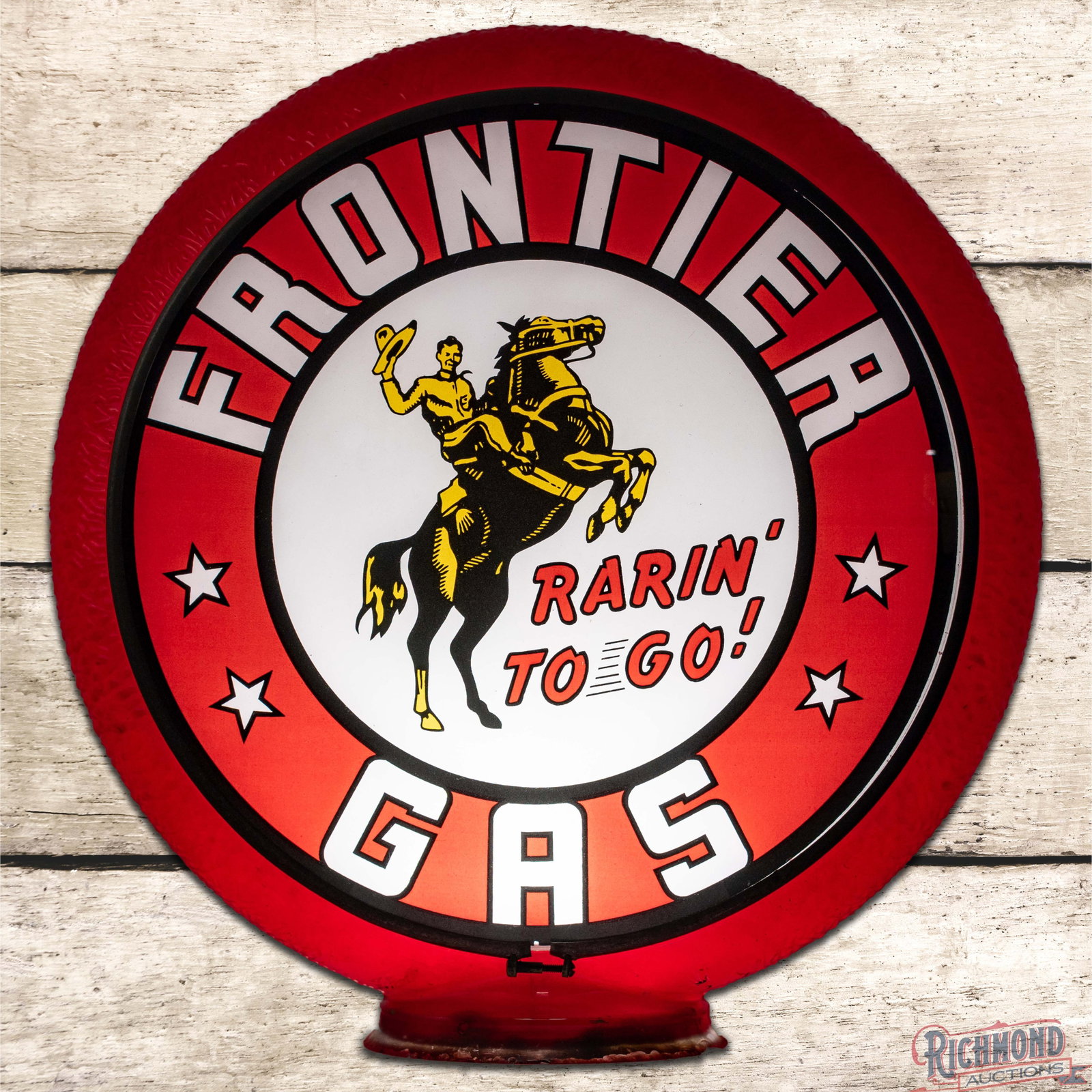 Rare Frontier "Rarin' to Go!" Gas Single 13.5" Lens w/ Orig. Red Ripple Body "Golden Rider": Rare Single 13.5" lens mounted in an original red ripple body has excellent color. The lens features the scarce "Golden Rider" with classic Frontier Gas colors. The display is clean with a scratch in 