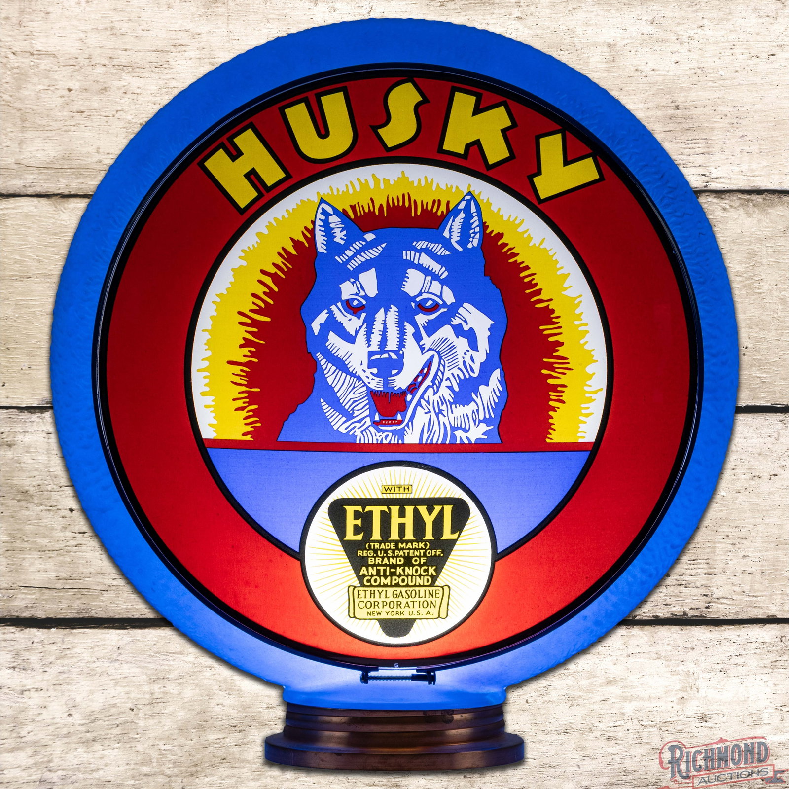 Rare Husky Ethyl Gasoline 13.5" Single Lens w/ Orig. Blue Ripple Globe Body (1 of 6)