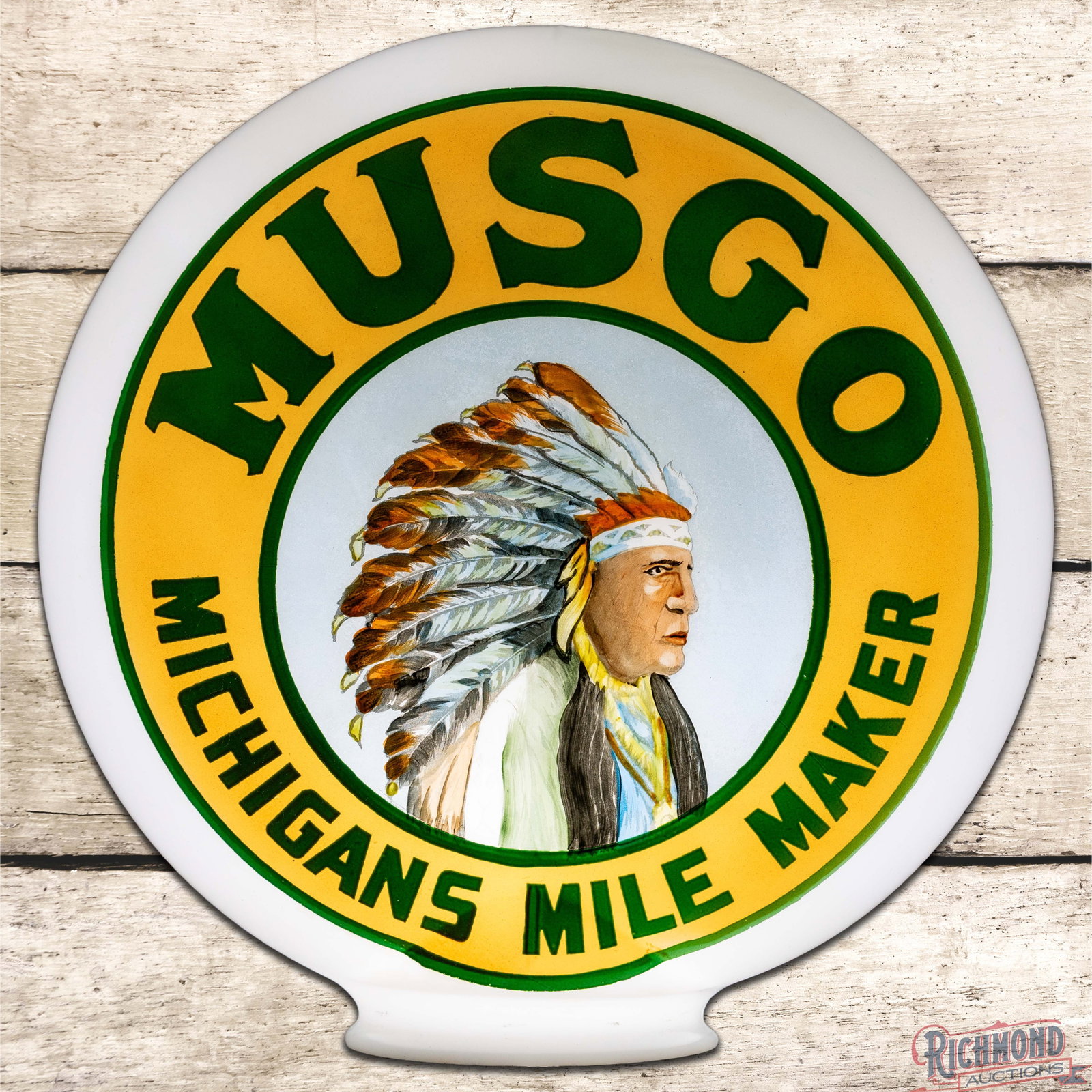 Amazing Musgo Gasoline "Michigan's Milemaker" One Piece Baked Milk Glass Globe: Beautiful OPB milk glass gas pump globe has outstanding color throughout. The display features a clean field with minor imperfections in the outer fields. The reverse is in a very similar condition to
