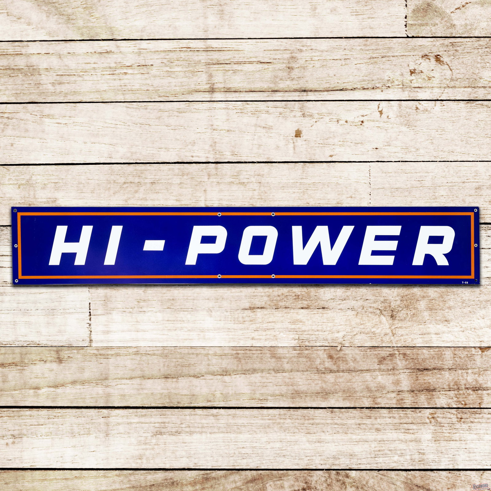 1955 Husky Hi-Power Gasoline 5' Single Sided Porcelain Sign: SSP (single sided porcelain) sign has outstanding color and gloss. The fields are exceptionally clean. The perimeter has a few tiny flea bites along the edges. Nine factory grommets are present and th
