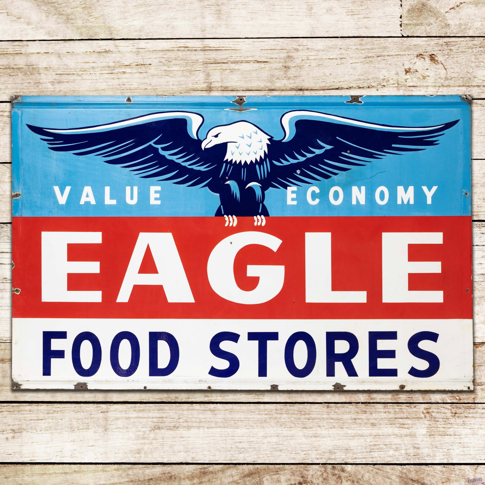 Rare Eagle Food Stores "Value Economy" 6' Double Sided Porcelain Sign w/ Eagle: DSP (double sided porcelain) sign has very good color and gloss. The display has light wear with small chips in the fields and slight discoloration to the light blue porcelain enamel in the upper port