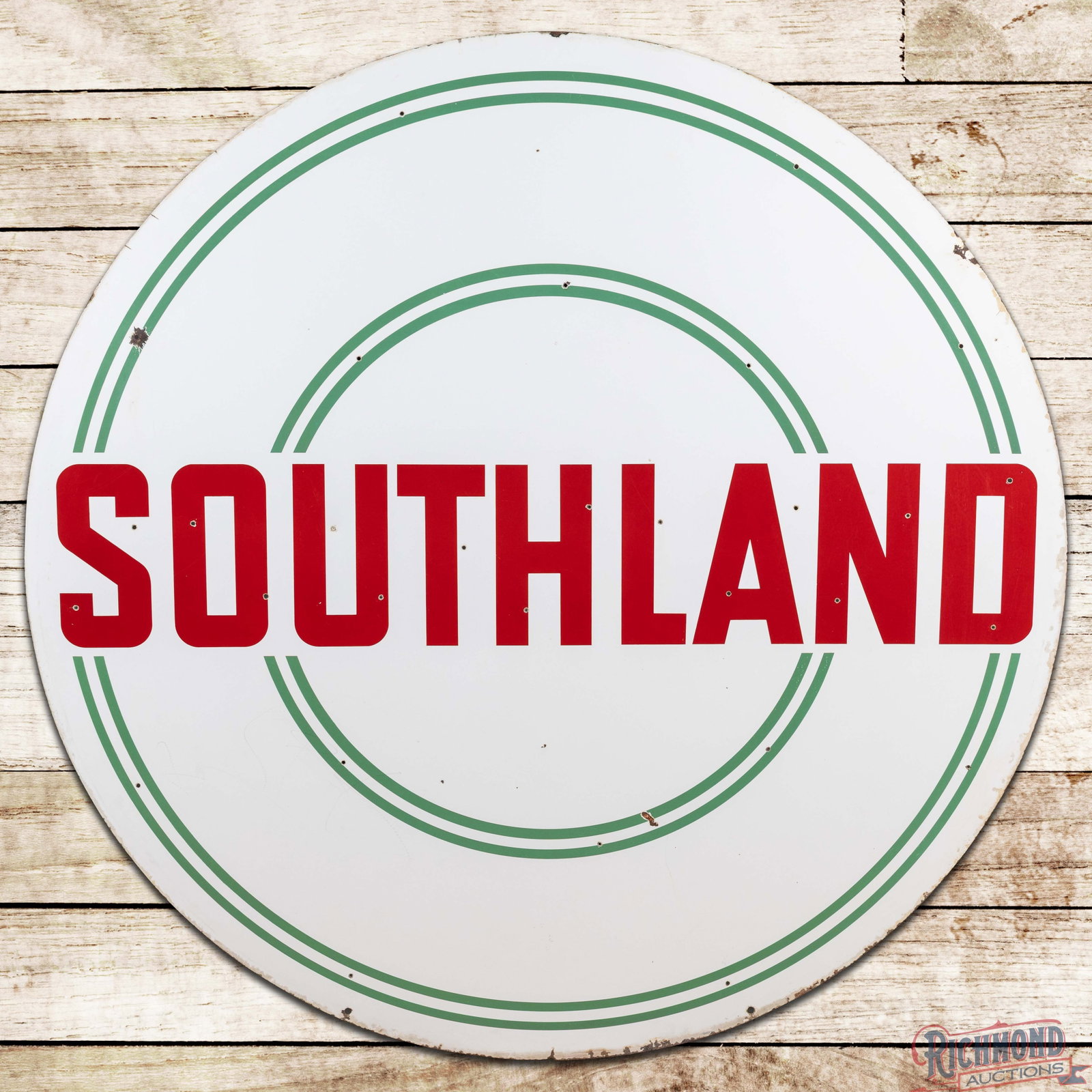 Southland Gasoline 5' Double Sided Porcelain ID Sign: DSP (double sided porcelain) sign has very good color and gloss. Side #1 has light wear with small chips and non-factory holes in the fields. The perimeter has discoloration with chips along the outer