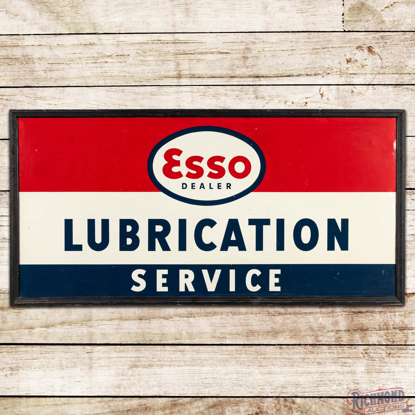 Esso Dealer Lubrication Service 6' Single Sided Tin Sign w/ Logo: SST (single sided tin) sign with the factory wooden frame has excellent color and shine. The field has minor wear with errant paint drips. The outer fields and perimeter have minor bends with paint ch