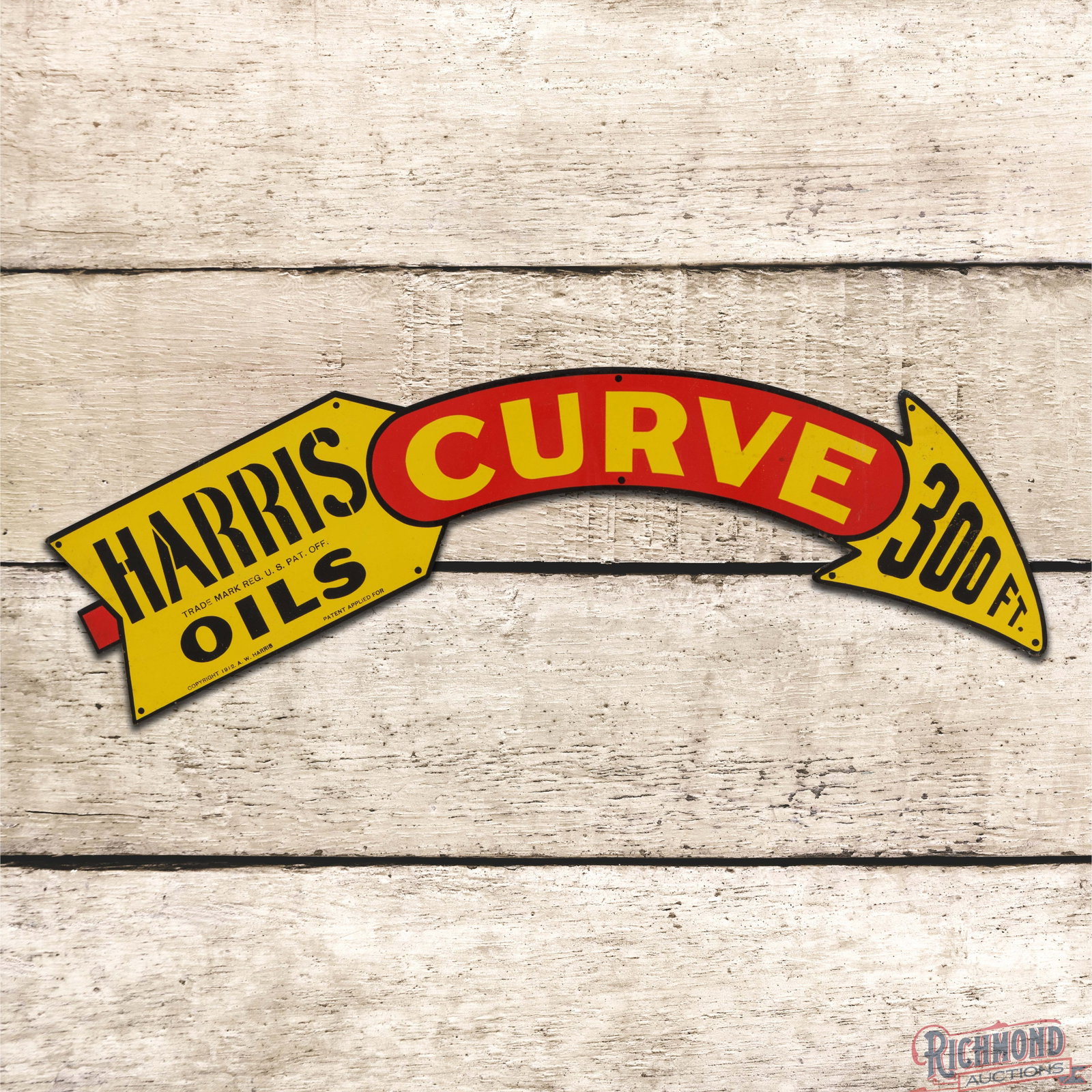 Harris Oils Die Cut Single Sided Tin Arrow Sign "Curve 300 Ft.": SST (single sided tin) die cut sign has excellent color and shine. The field exhibits light wear with a faint vertical bend in the center with other minor bends along the edges. Marked Copyright 1912 