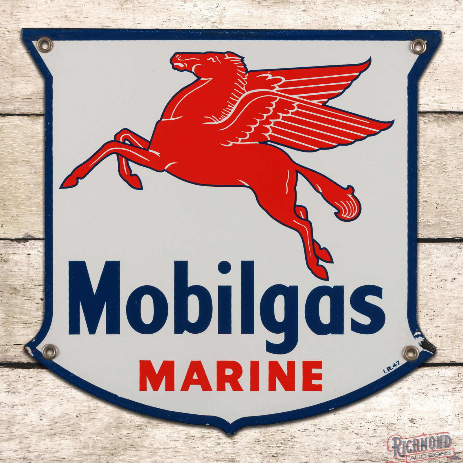 1947 Mobilgas Marine Gasoline Single Sided Porcelain Pump Plate Sign w/ Pegasus: SSP (single sided porcelain) pump plate has excellent color and gloss. The fields are clean and the perimeter has small chips along the outer edges. All four factory grommets are present and the sign 