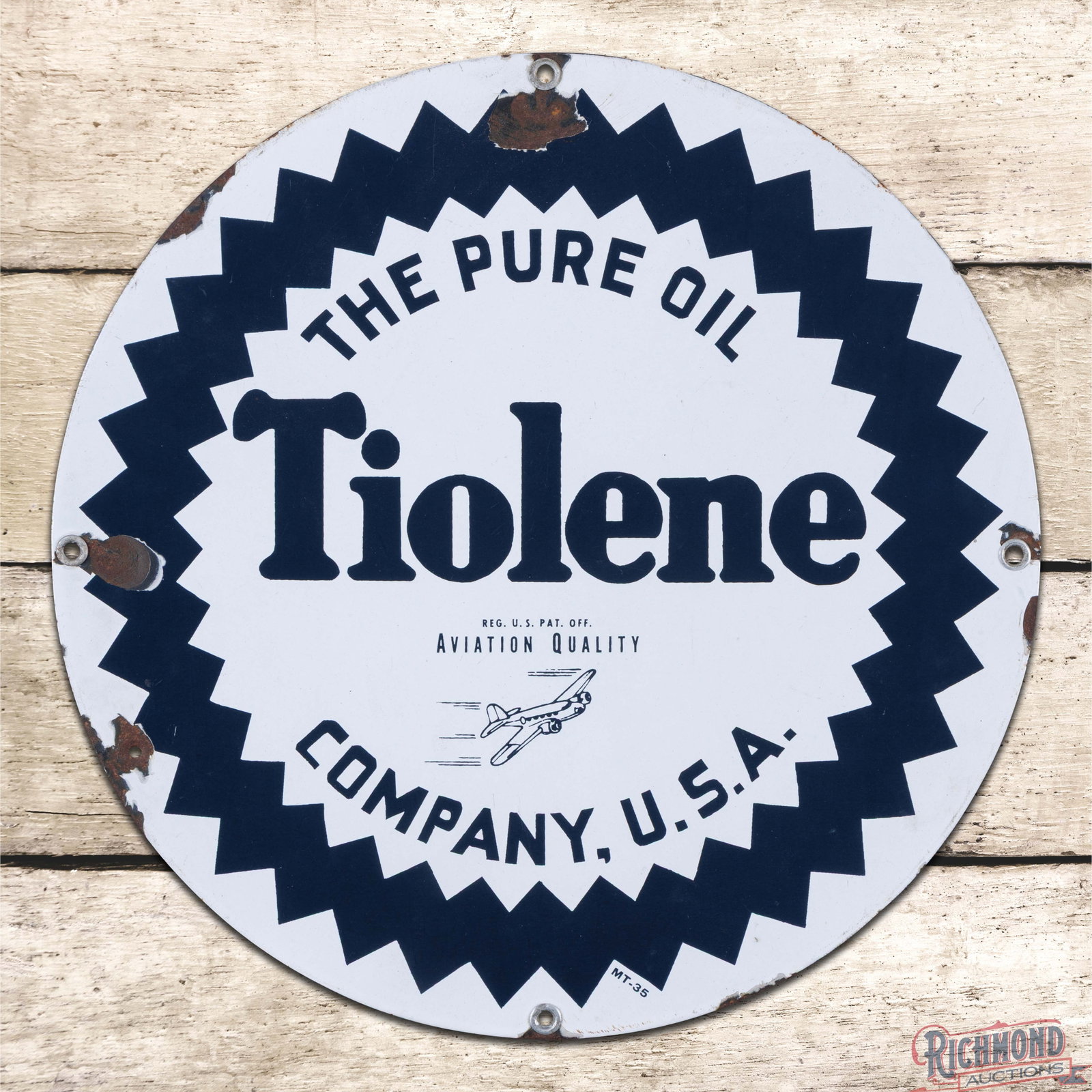 Tiolene The Pure Oil Company "Aviation Quality" 15" Single Sided Porcelain Sign w/ Airplane (1 of 3)