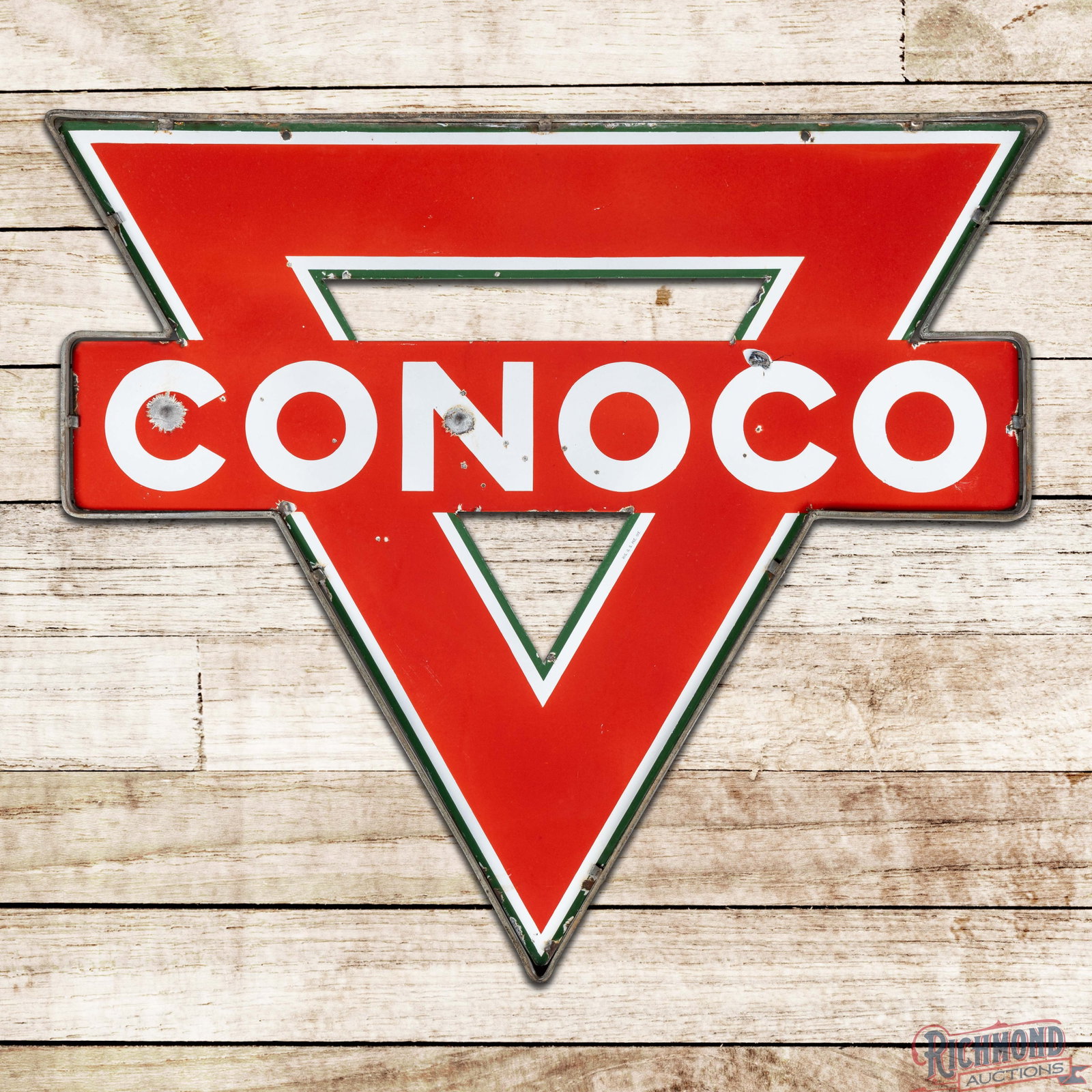 Conoco Gasoline 45" Double Sided Porcelain Logo Sign w/ Frame: DSP (double sided porcelain) sign with the original frame has very good color and gloss. The display has chips in the lettering with other small chips along the perimeter. The reverse is in a similar 