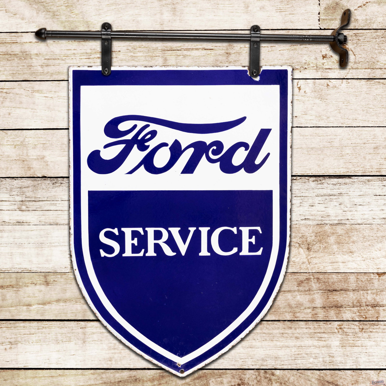 Ford Service 33" Double Sided Porcelain Shield Sign w/ Bracket: DSP (double sided porcelain) shield with a metal hanging bracket has excellent color and gloss. The display has minor surface imperfections in the fields with a small chip near the lower mount hole. T