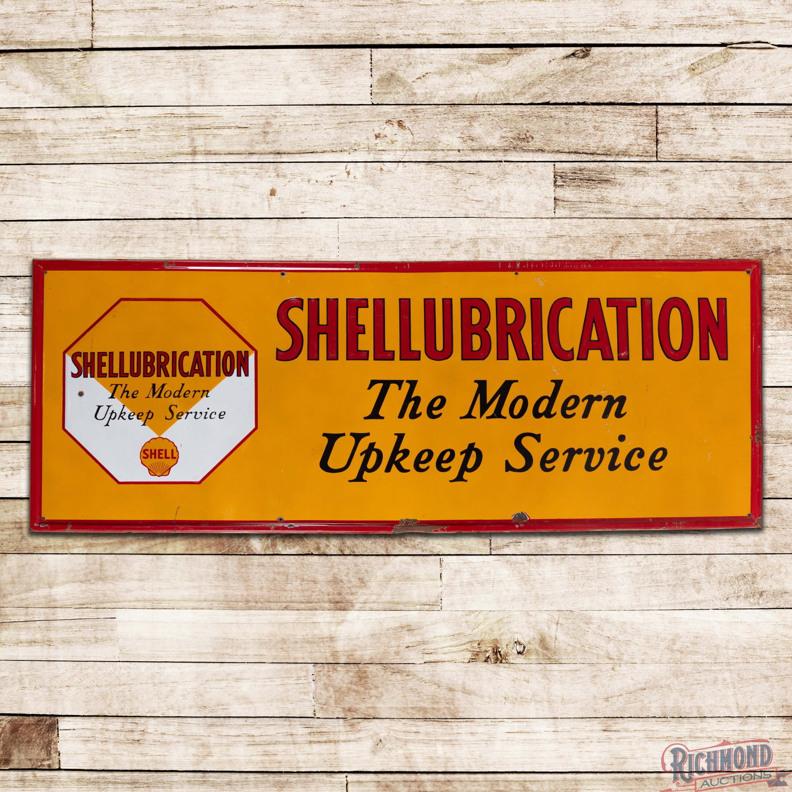 Shellubrication "The Modern Upkeep Service 8' Emb. Single Sided Porcelain Sign w/ Logo: SSP (single sided porcelain) embossed self-framed sign has very good color and gloss. The field has fine scratches with surface rubs and small chips in the outer fields. The perimeter has chips with m