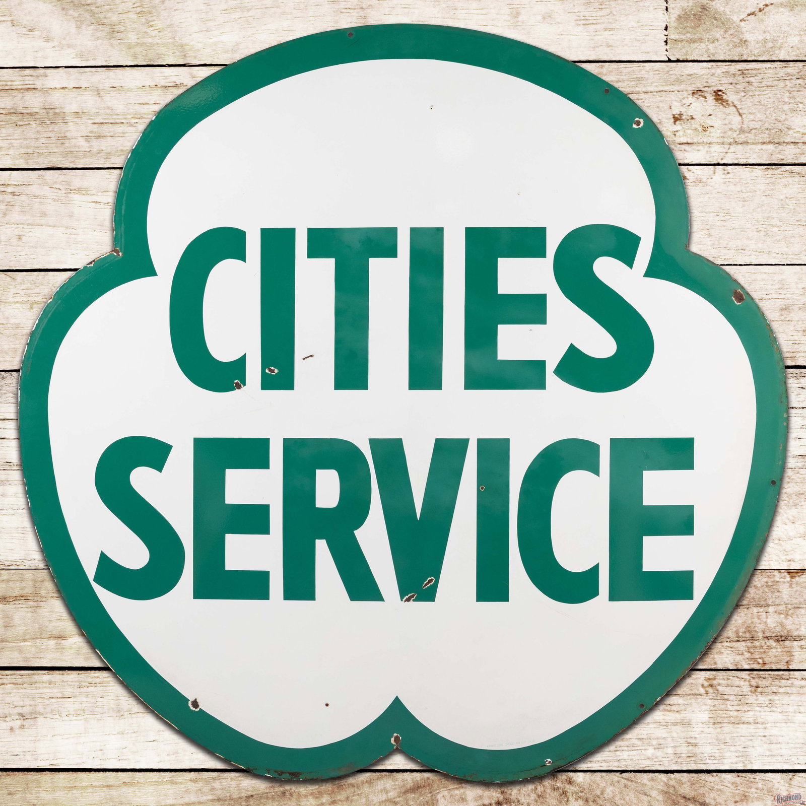Cities Service Gasoline 6' Double Sided Porcelain ID Sign: DSP (double sided porcelain) die cut sign has excellent color and gloss. Side #1 has light wear with chips in the field and an area of wash in the white to the left of the "S" in Service. The perimete