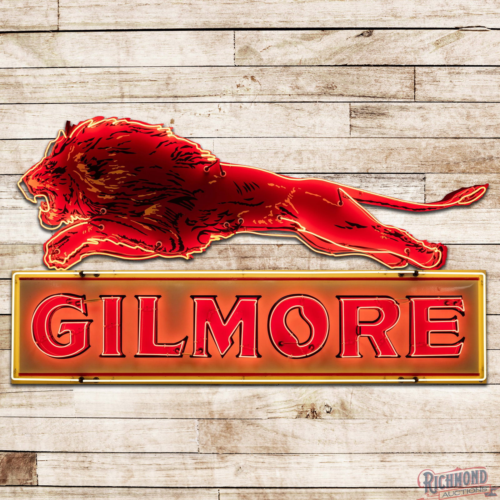 Rare Gilmore Gasoline 9.5' Single Sided Porcelain Factory Neon Sign w/ Leaping Lion (1 of 9)