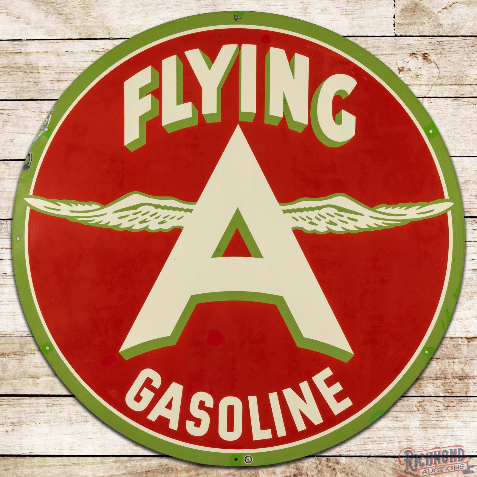 Scarce Flying A Gasoline 48" Double Sided Porcelain Sign w/ Chicken Wing Logo: DSP (double sided porcelain) sign has excellent color and gloss. The display has color matched chips in the fields with marks in the left field. The perimeter has additional color matched chips with a