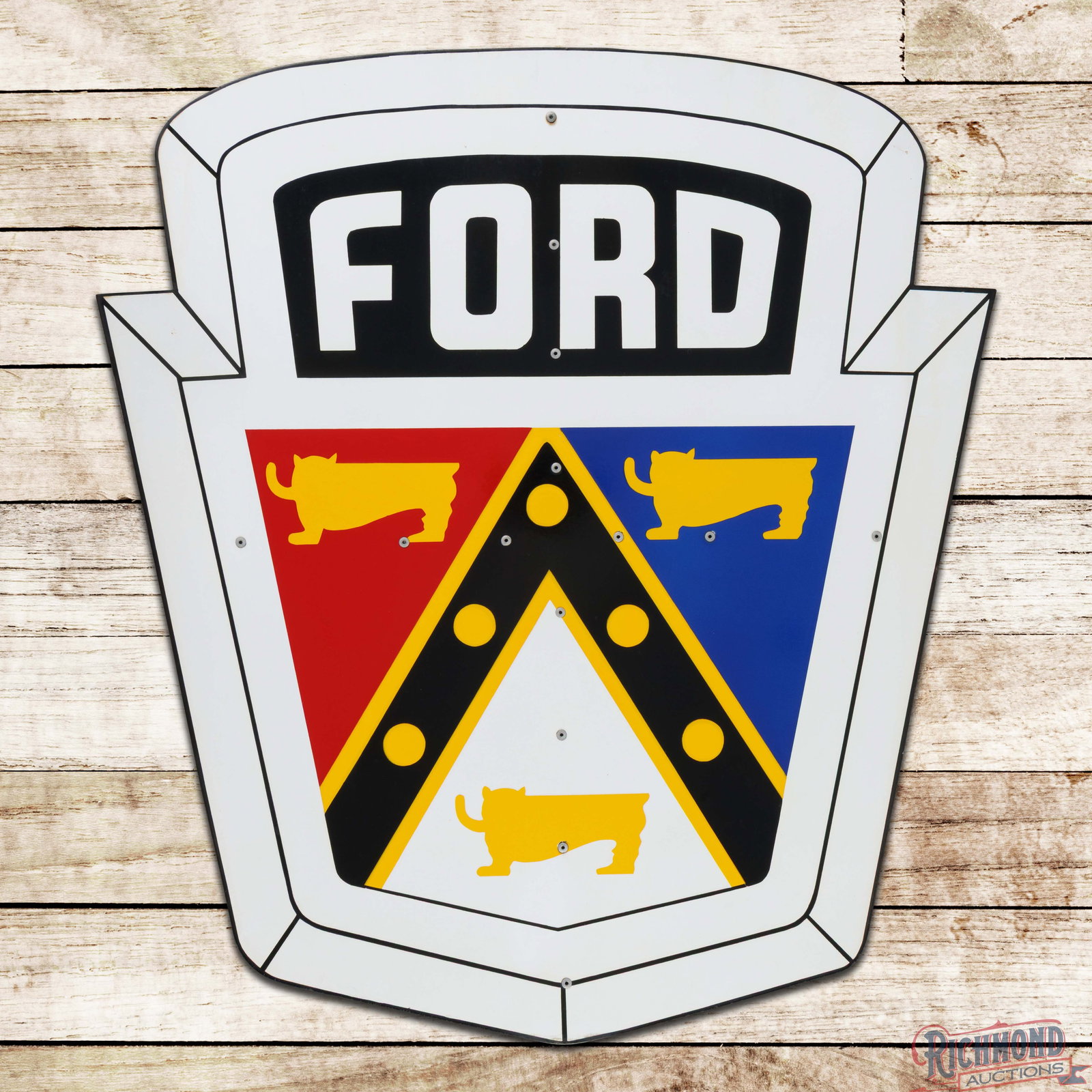 Rare Ford Automobiles Crest 36" Die Cut Single Sided Porcelain Sign "White" w/ Bracket (1 of 3)