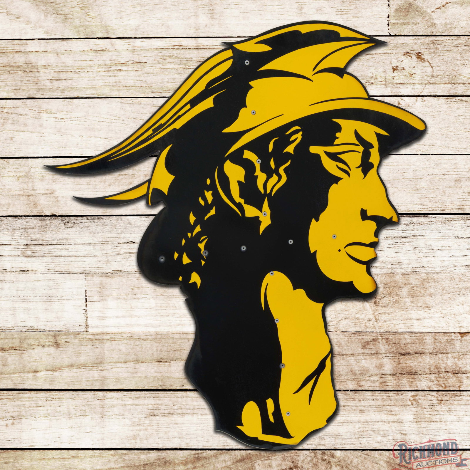 Scarce Mercury Automobiles 36" Die Cut Single Sided Porcelain Sign w/ Bracket: SSP (single sided porcelain) die cut sign with the original mounting bracket has outstanding color and gloss. This is the only example of this sign we have seen featuring the gold and black porcelain 