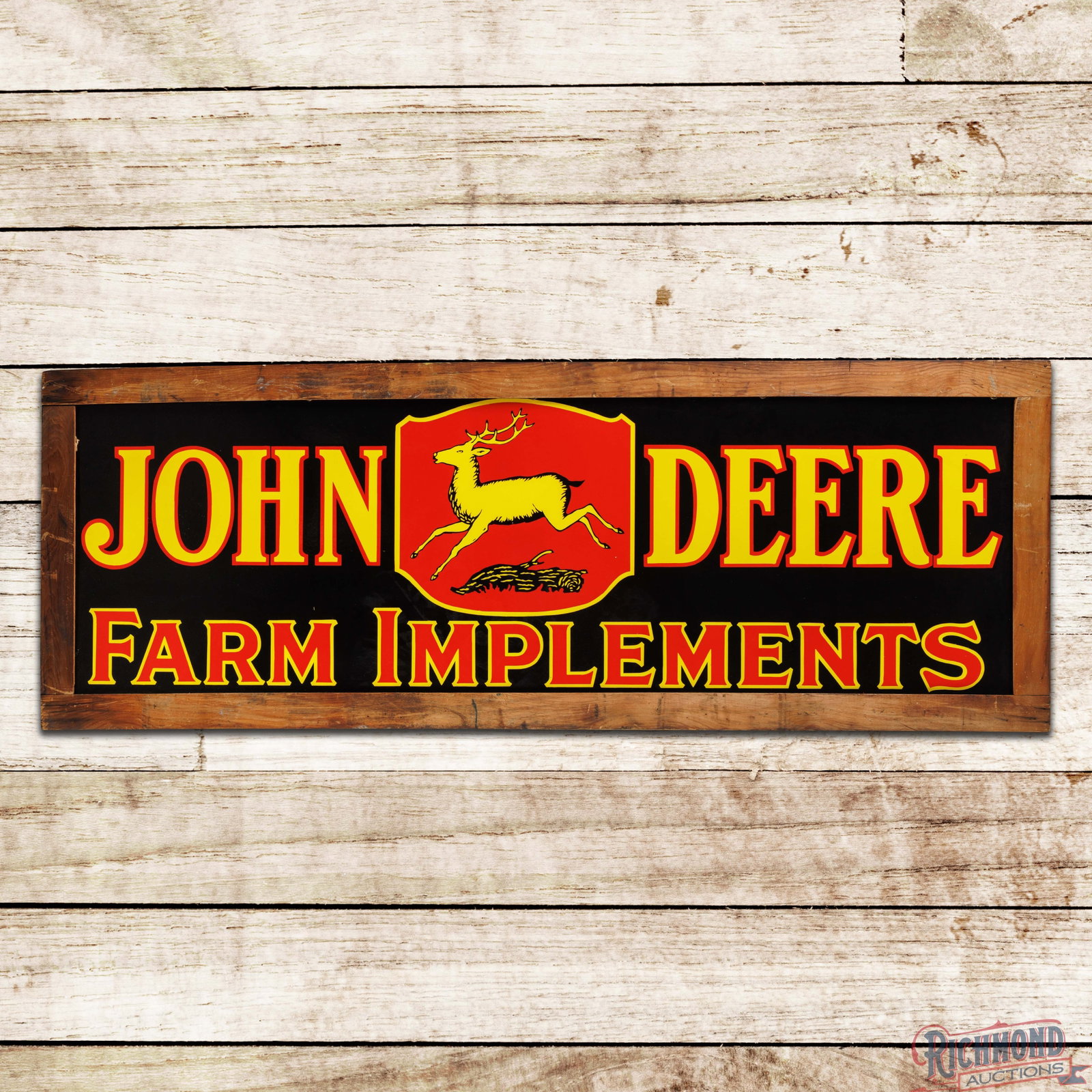 NOS John Deere Farm Equipment 6' Single Sided Porcelain Sign w/ Original Crate "4 Legged Logo": Investment Quality DSP (double sided porcelain) sign with the factory wooden crate from the D.E. Turner Co. in Mooresville, NC, has day one color and gloss. The display is exceptionally clean with vib