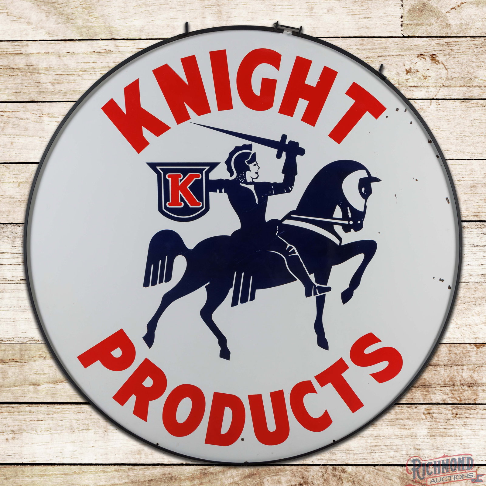 Rare Knight Products Gasoline 6' Double Sided Porcelain ID Sign w/ Ring: Rare DSP (double sided porcelain) sign has excellent color and gloss. The display has a clean field with small chips in the left outer fields and edges. The reverse has a tiny chip in the knight graph