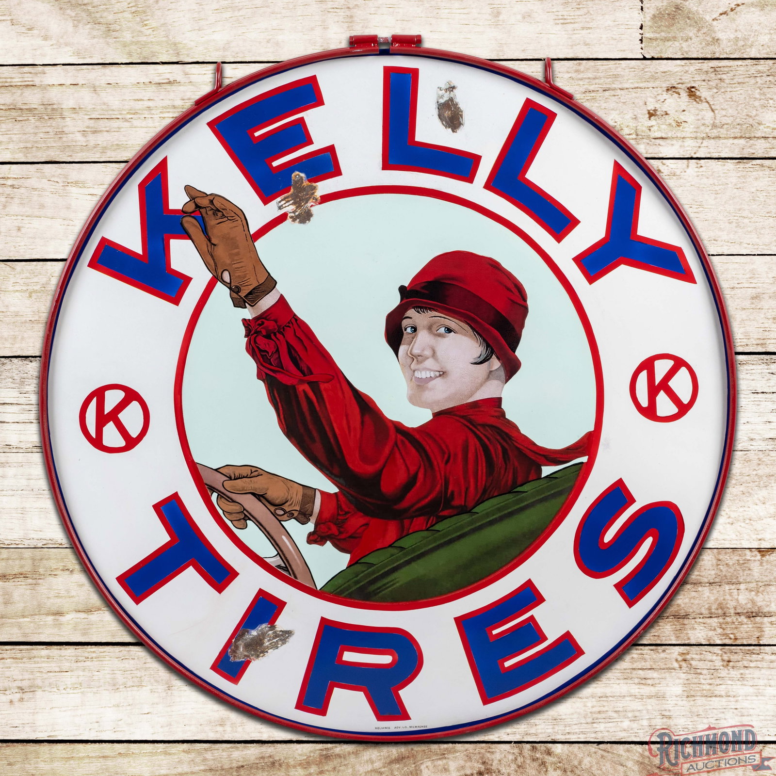 Iconic Kelly Tires 42" Single Sided Porcelain Sign & Ring w/ Lotta Miles: SSP (single sided porcelain) sign with a new metal ring has been professionally restored. The sign features a colorful, detailed graphic of the Kelly Girl "Lotts Miles". The display has a clean graphi