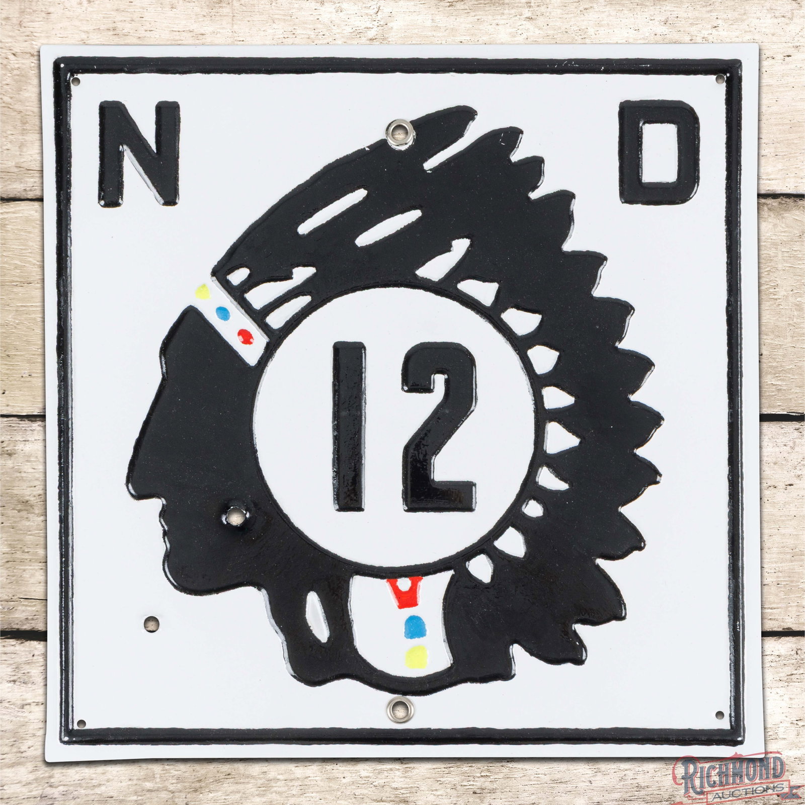 North Dakota State Highway #12 Single Sided Tin Embossed Route Marker Sign w/ Native American: SST (single sided tin) fully embossed self-framed sign has been restored. The sign features vibrant colors with two non-factory holes in the left fields and tiny added mounting holes at the corners. O