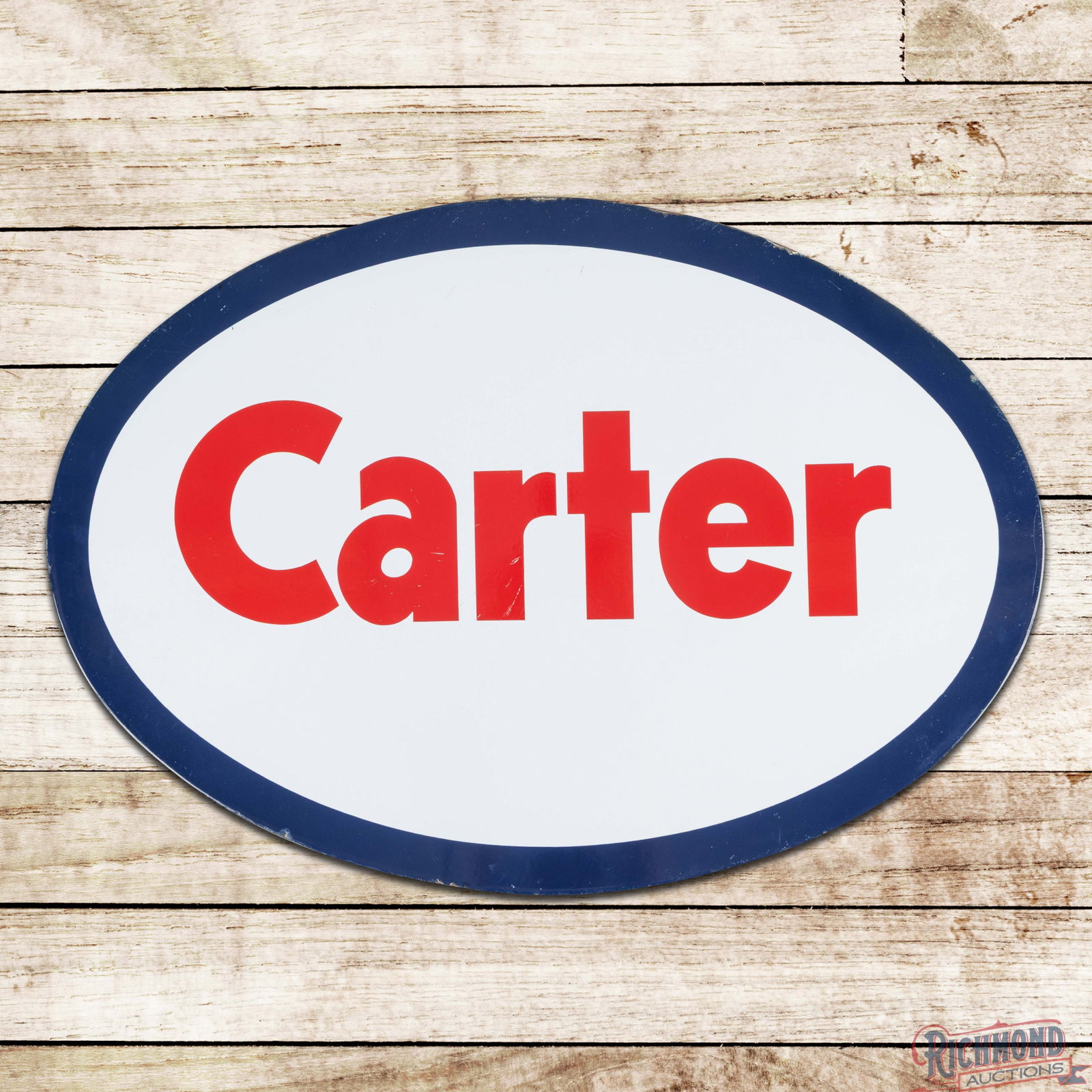 Carter Oil Company 22" Single Sided Porcelain Oval Sign: SSP (single sided porcelain) sign has excellent color and gloss. The field has fine scratches in the lettering with other minor imperfections in the outer fields. The perimeter has small chips along t