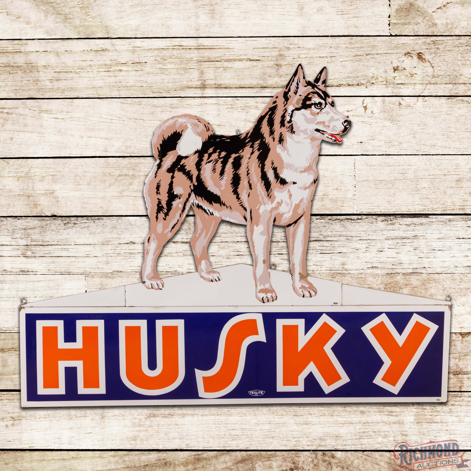 Scarce Husky Gasoline "Albino" Die Cut Single Sided Porcelain Sign w/ Dog: Amazing SSP (single sided porcelain) cookie cutter edge multi-piece sign has outstanding color and gloss. Featuring seven different colors of porcelain, there are only a few known examples of this rar