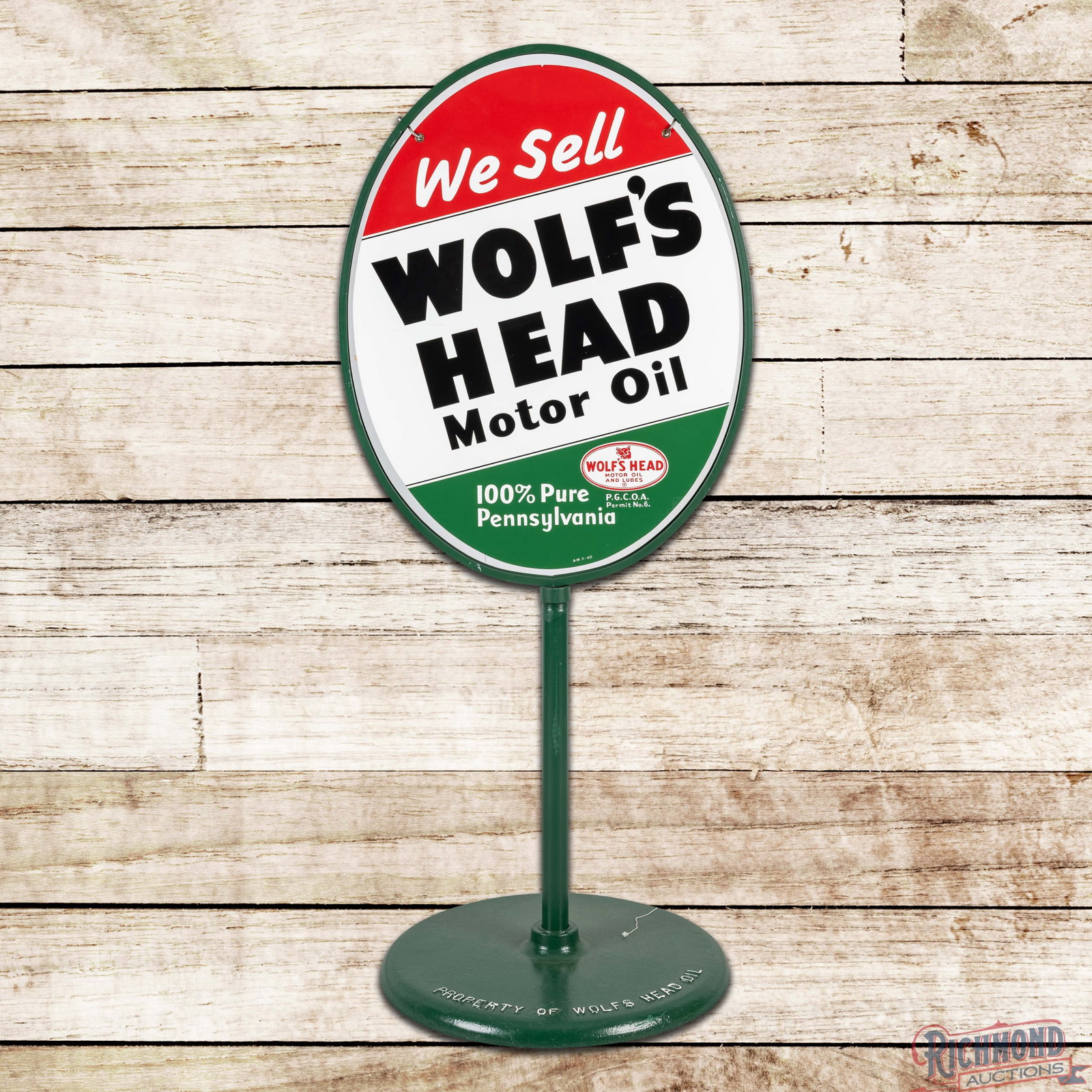 1960 Wolf's Head Motor Oil "100% Pure Pennsylvania" Double Sided Tin Curb Sign (1 of 3)