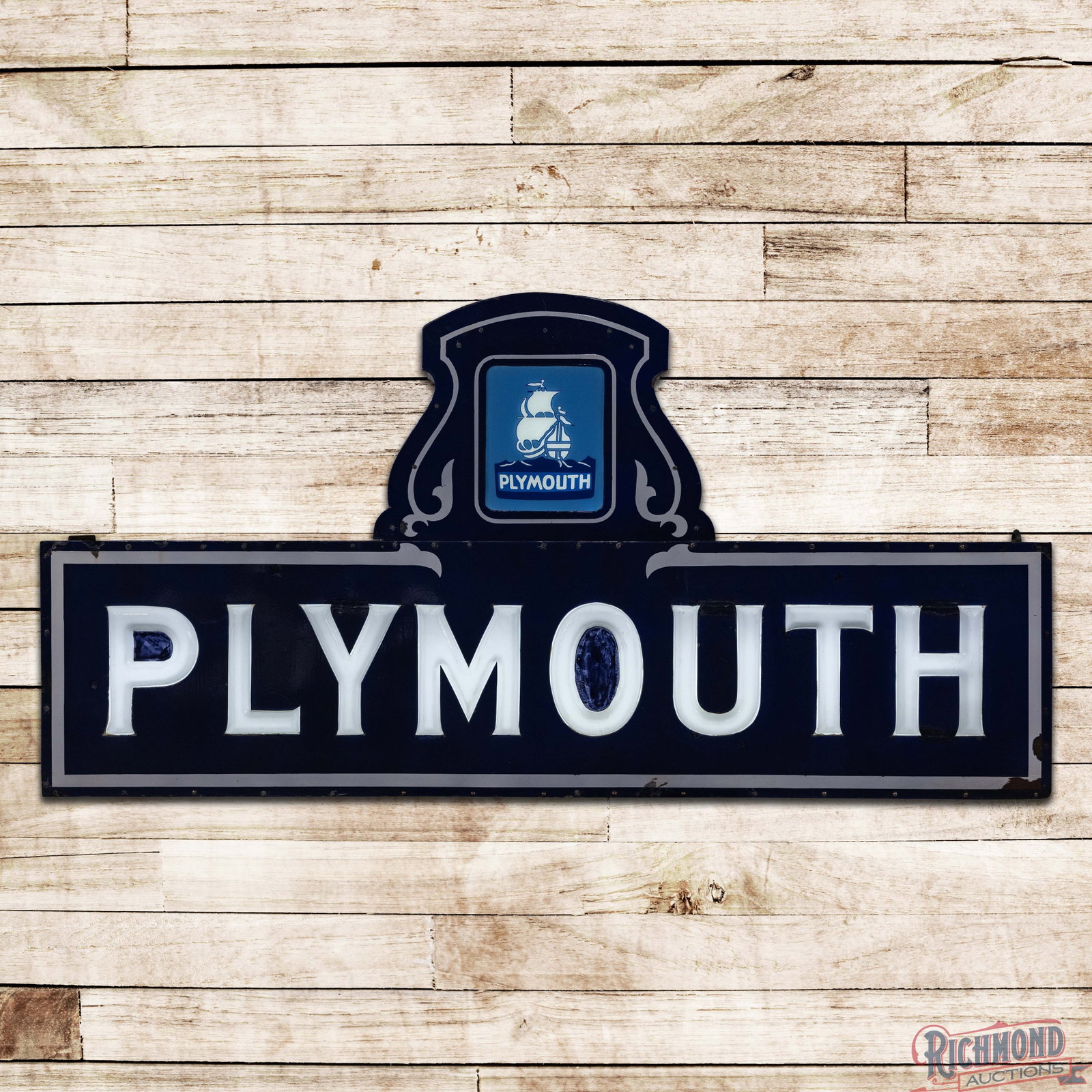 Amazing Plymouth Double Sided Porcelain Milk Glass Neon Sign w/ Ship Logo: Rare DSP (double sided porcelain) sign with added internal neon, embossed plastic lettering and reverse on glass upper panels has excellent color and gloss. The display has light wear with a color mat