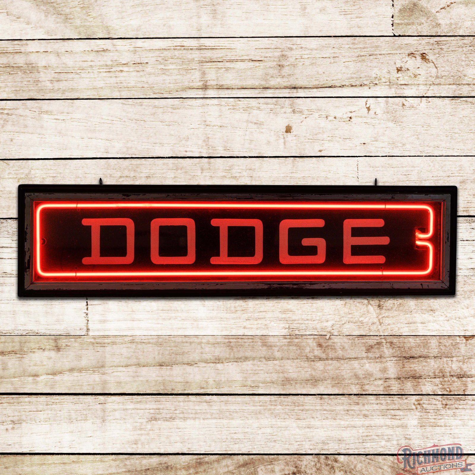 Dodge 34" Neon Advertising Display Sign: Neon advertising sign with the original metal can with wooden trim works as it should. The sign features brilliant red neon with an SST (single sided tin) sign backdrop with "Dodge" lettering. The inn